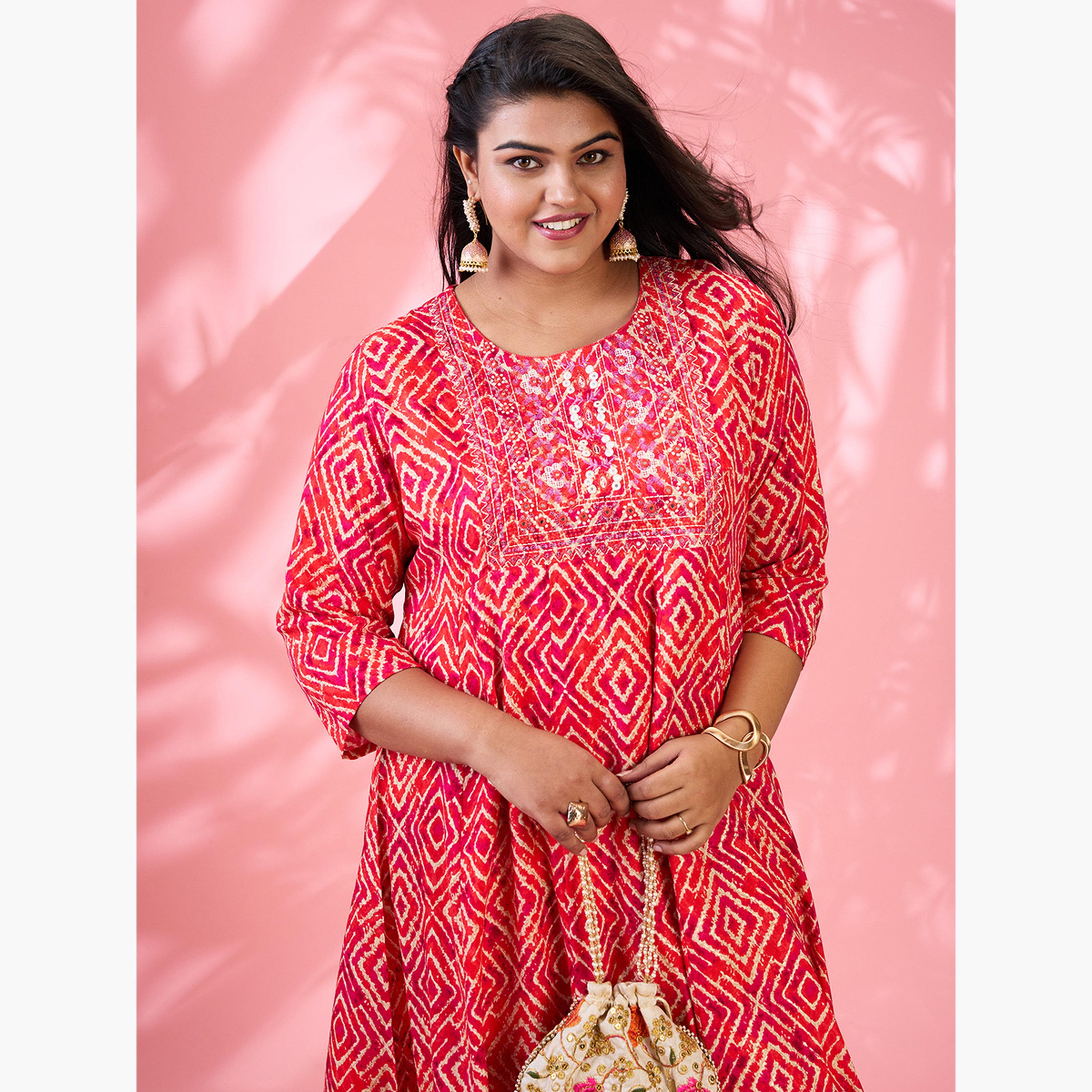 Globus X Styli Plus Size Red Geometric Print A-Line Kurta-women-clothing-ethnicwear-kurtas-image-4