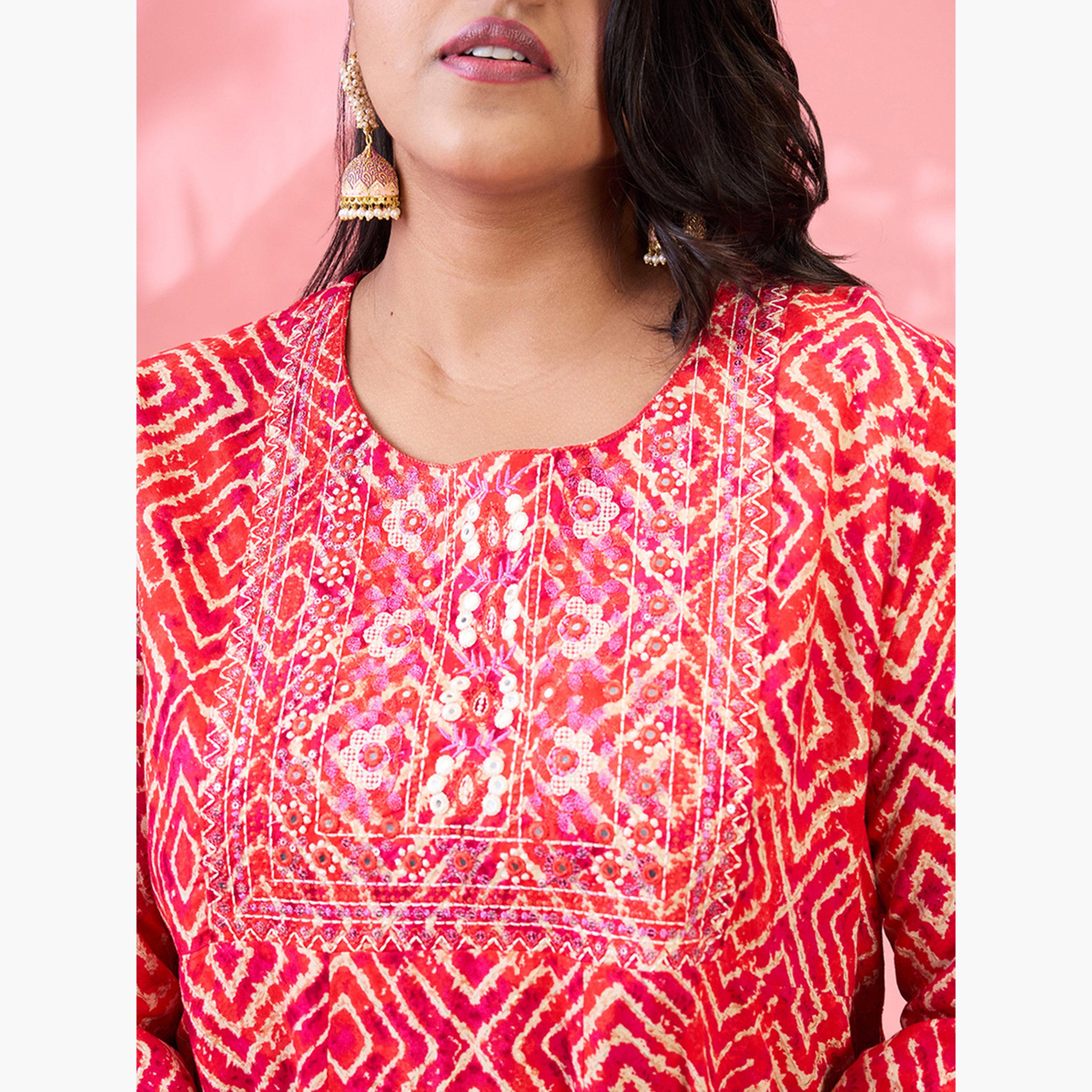 Globus X Styli Plus Size Red Geometric Print A-Line Kurta-women-clothing-ethnicwear-kurtas-image-5