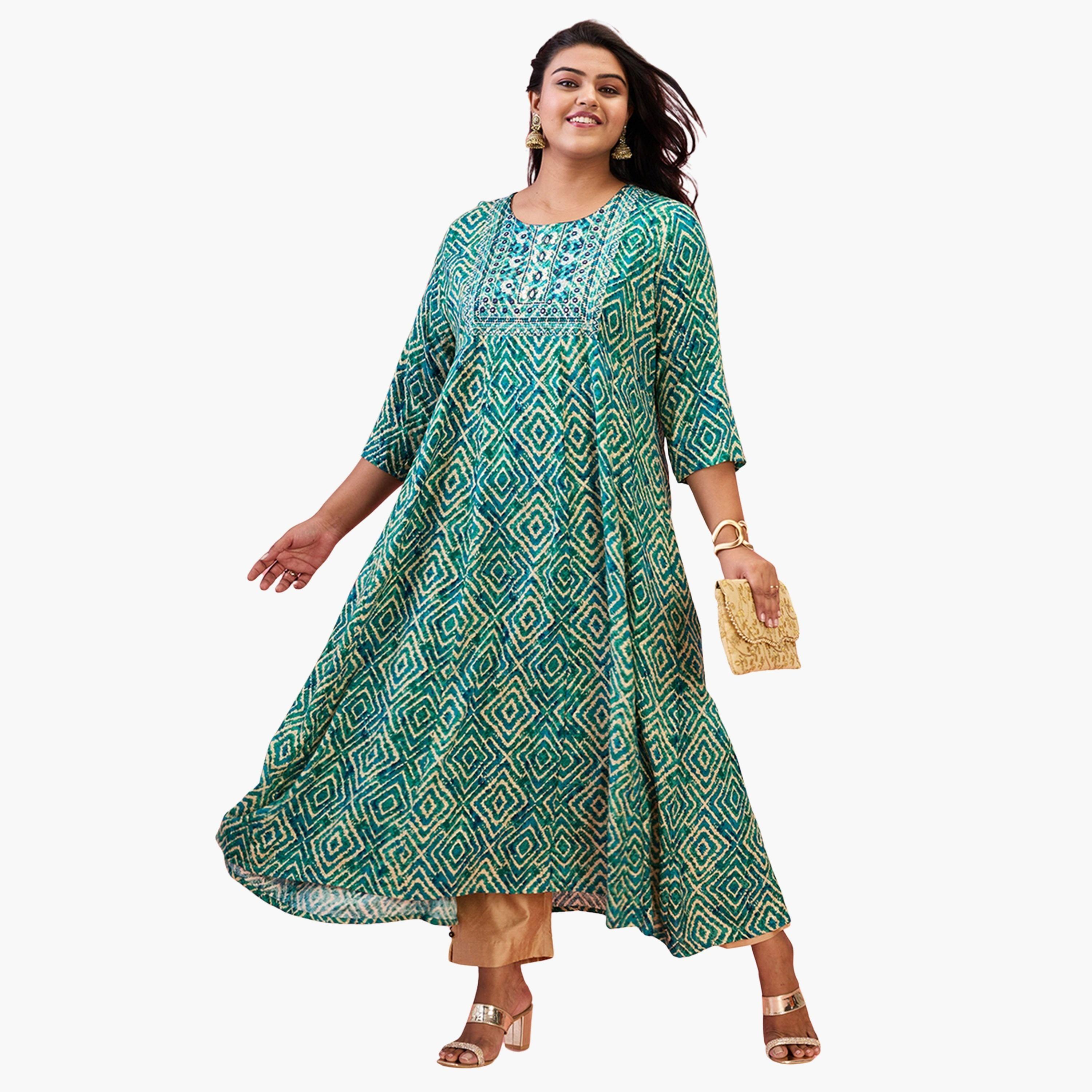 Globus X Styli Plus Size Green Geometric Print A-Line Kurta-women-clothing-ethnicwear-kurtas-image-1
