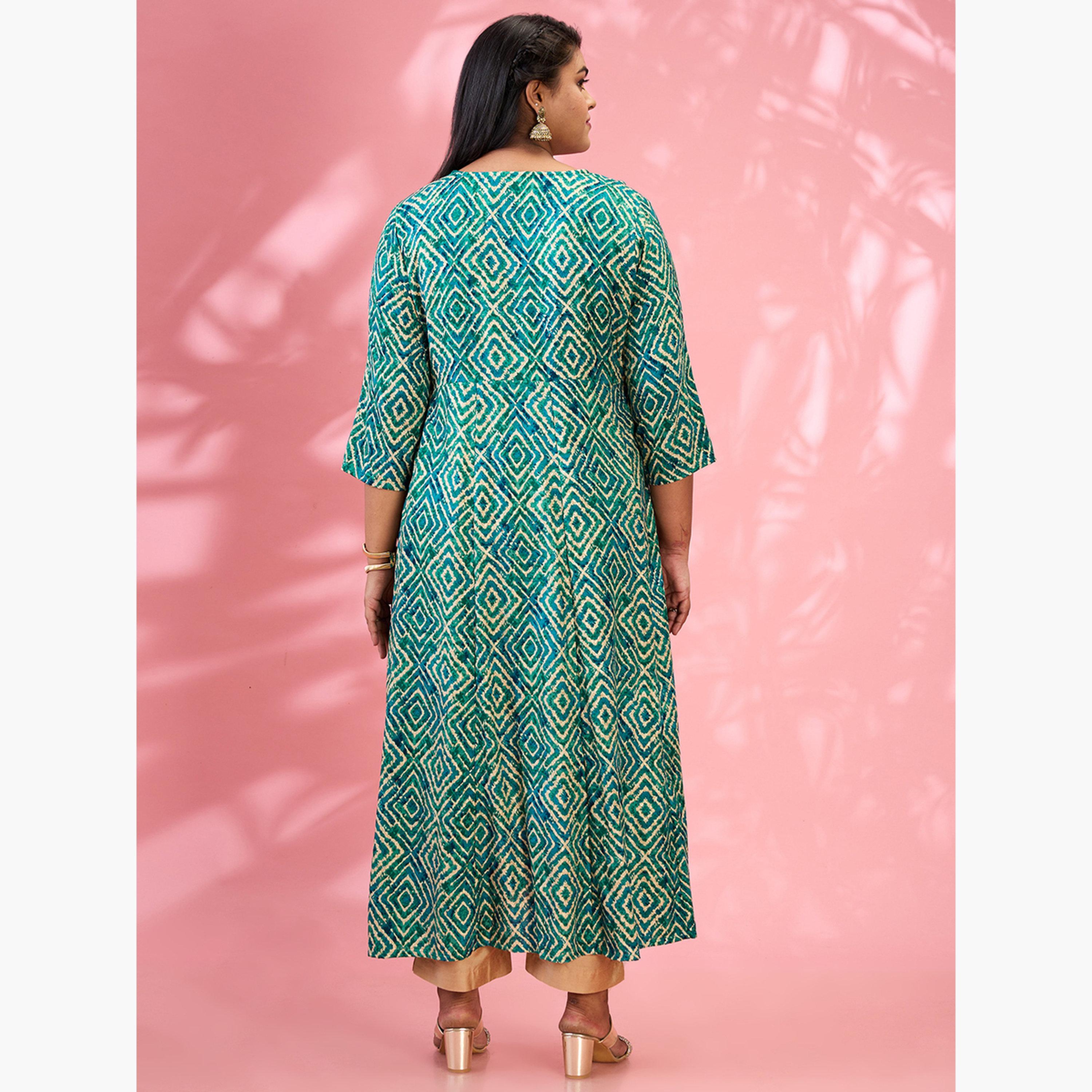 Globus X Styli Plus Size Green Geometric Print A-Line Kurta-women-clothing-ethnicwear-kurtas-image-3
