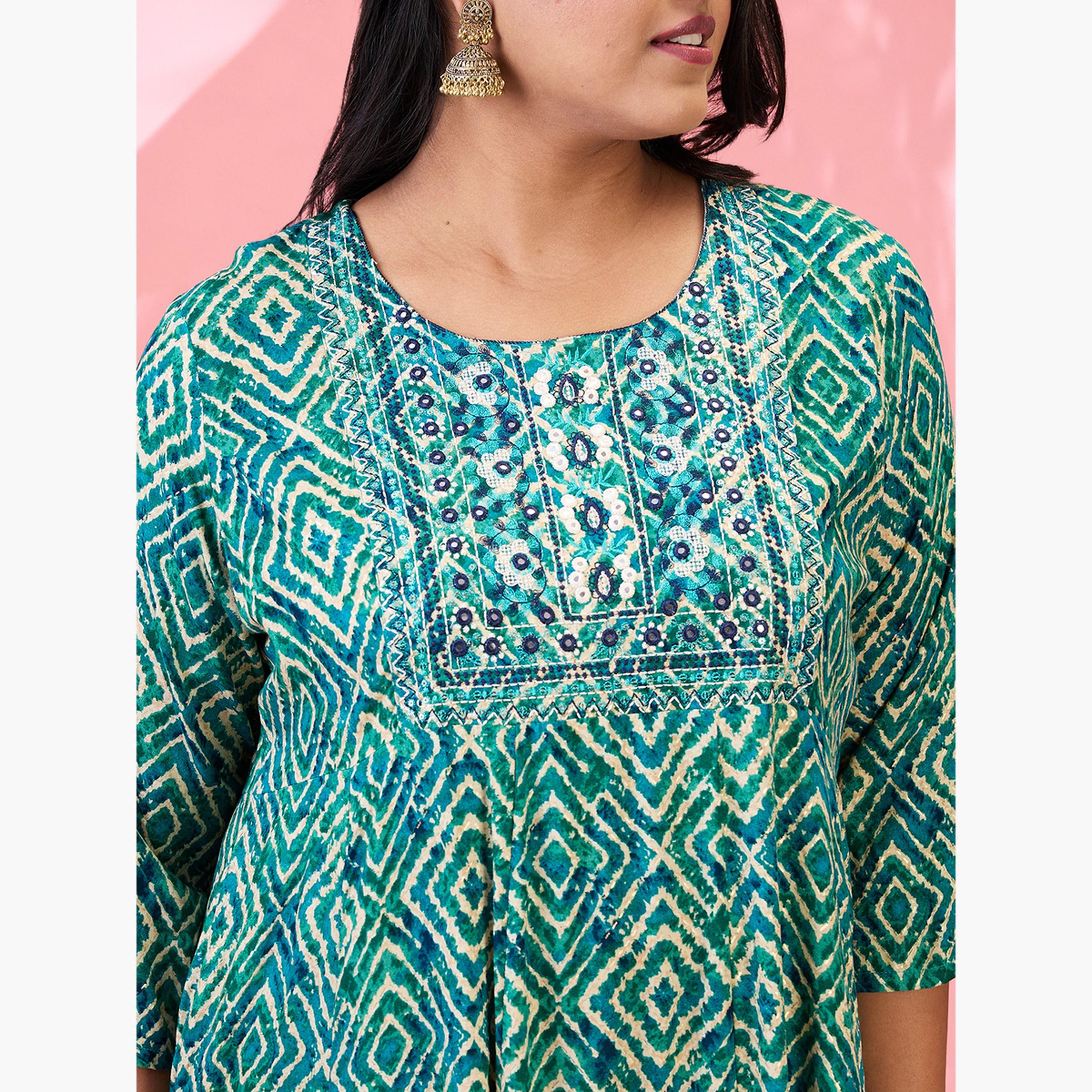 Globus X Styli Plus Size Green Geometric Print A-Line Kurta-women-clothing-ethnicwear-kurtas-image-5