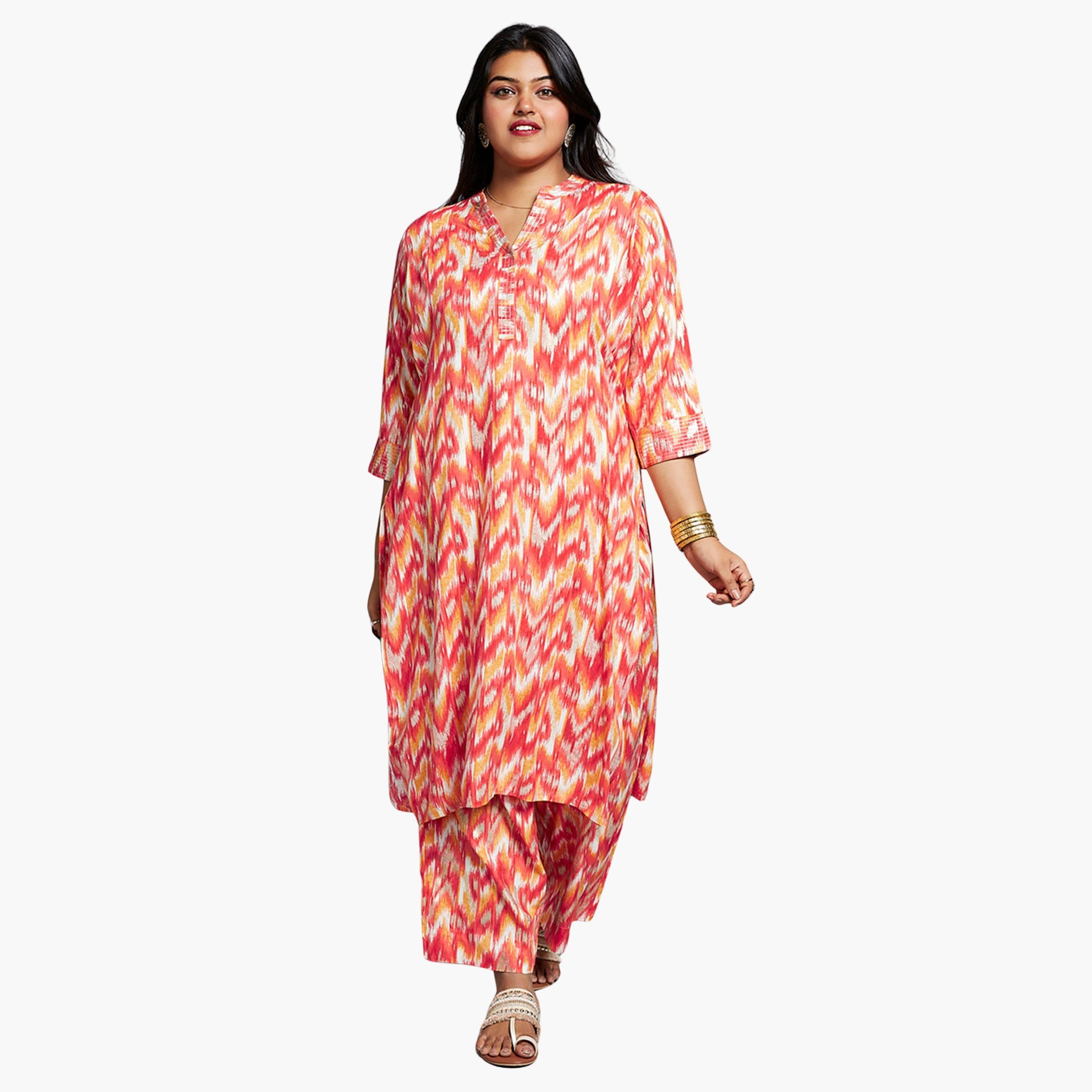 غلوبوس × ستايلي - طقم ملابس عمل كورتا وبنطال بطباعة شيفرون متعددة المقاسات-women-clothing-ethnicwear-kurtasets-image-1