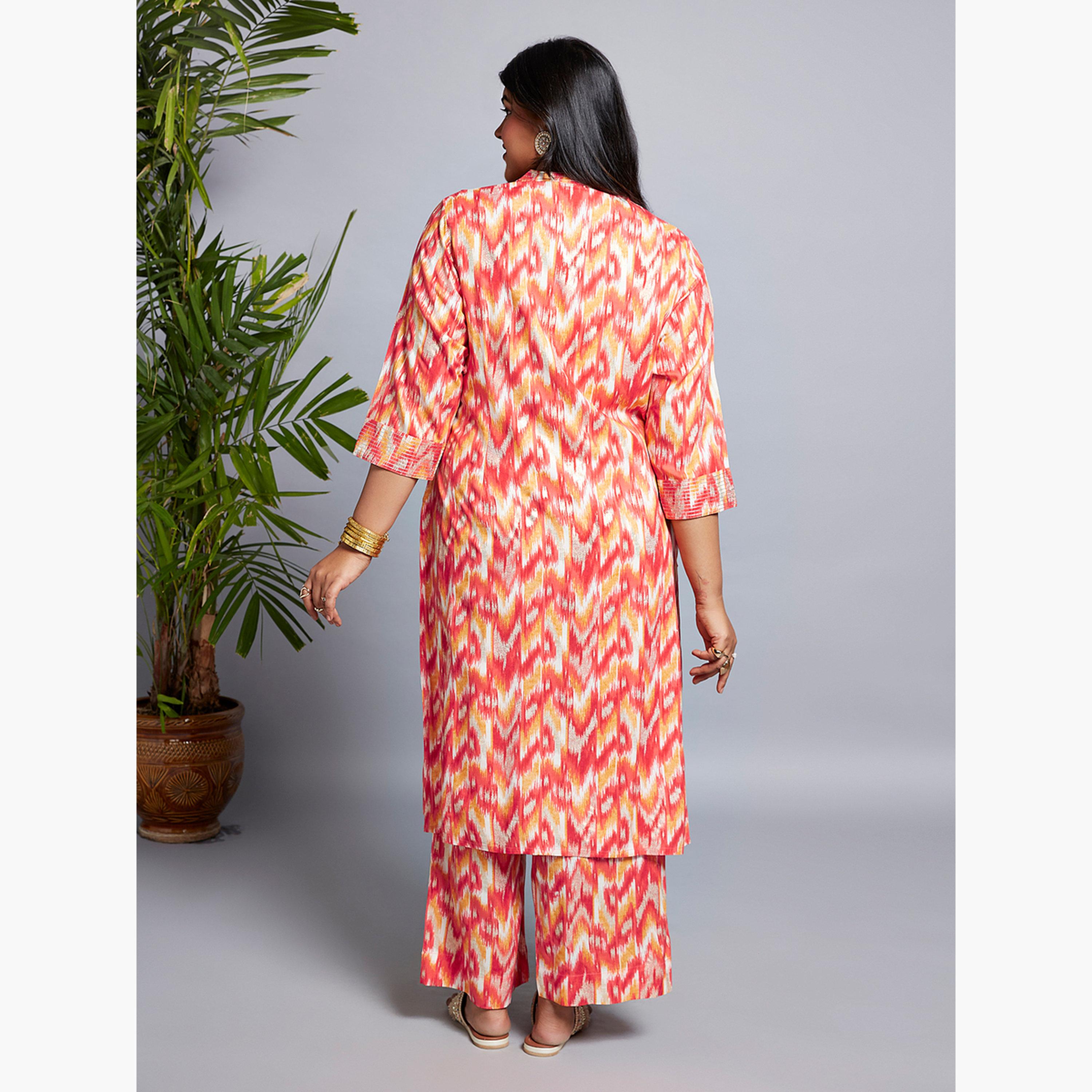 غلوبوس × ستايلي - طقم ملابس عمل كورتا وبنطال بطباعة شيفرون متعددة المقاسات-women-clothing-ethnicwear-kurtasets-image-6