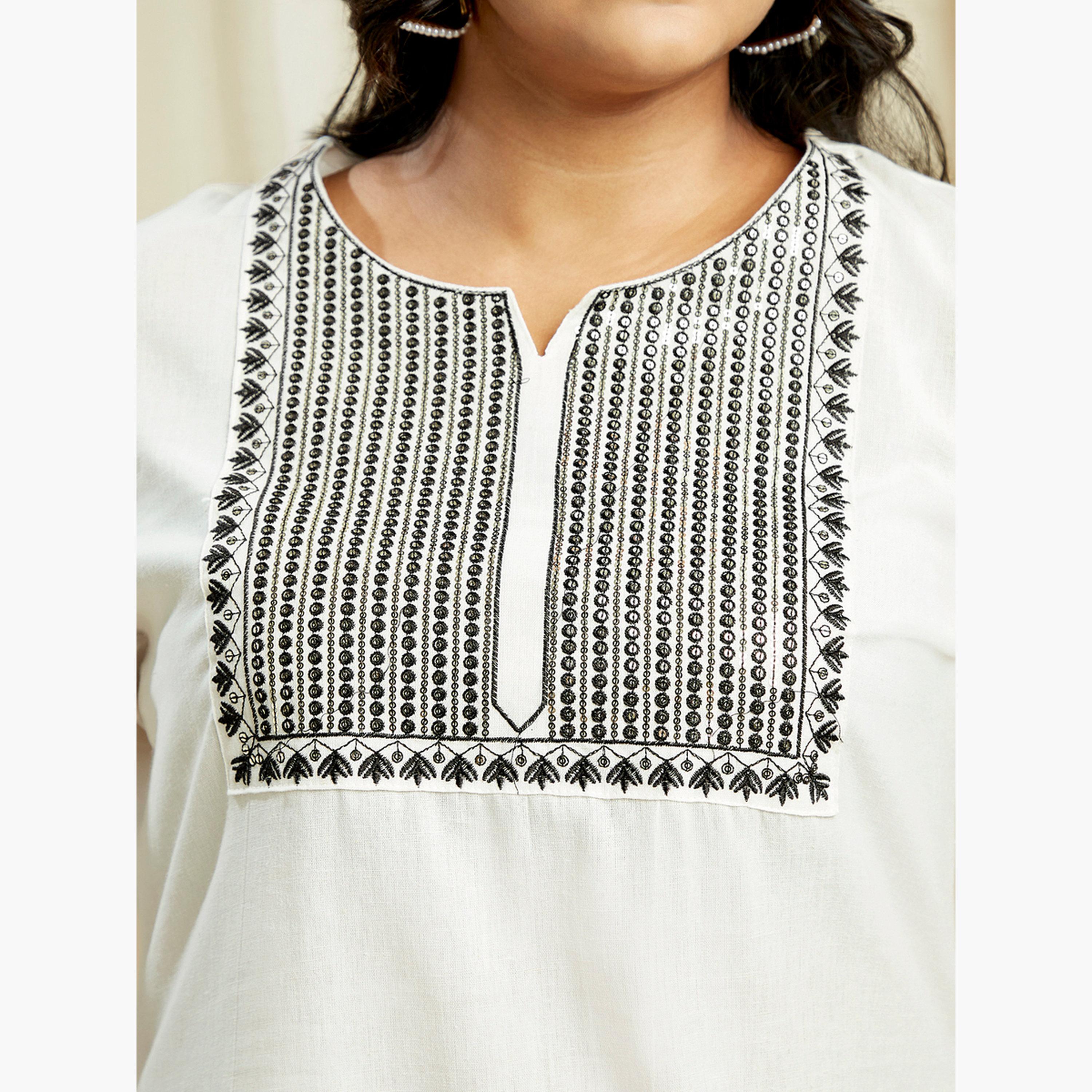 Globus X Styli Plus Size Off White Sequined Embroidered Yoke Kurta and Pants Festive Set-women-clothing-ethnicwear-kurtasets-image-4