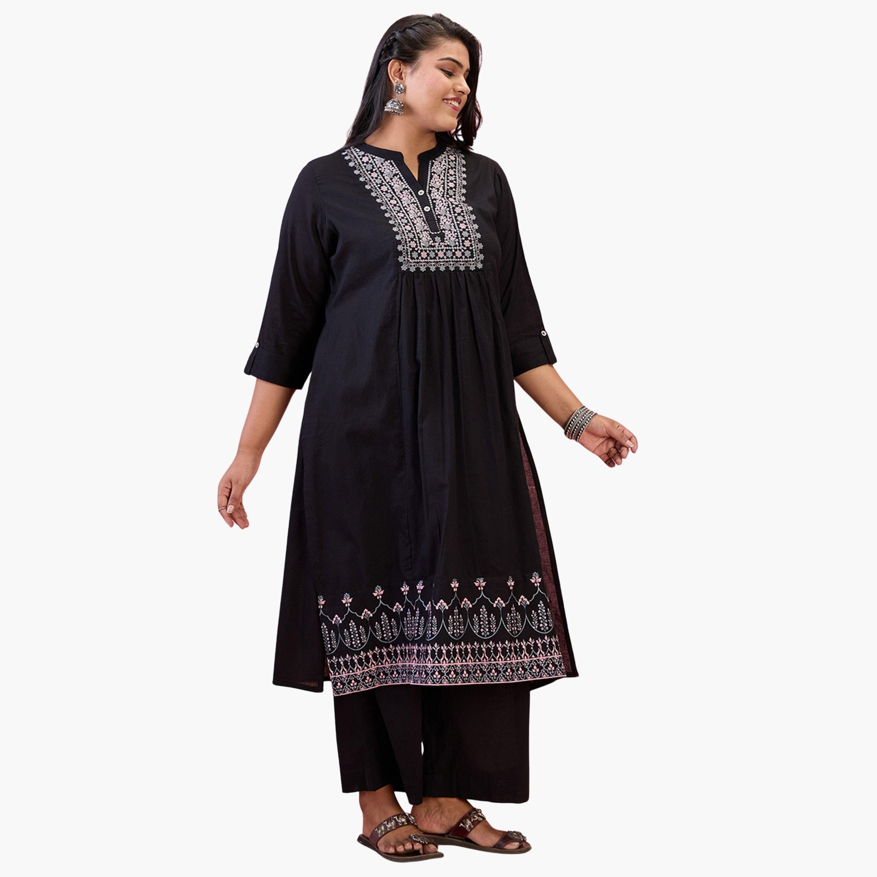 غلوبوس × ستايلي - طقم كورتا وبنطال مطرز لون أسود بمقاسات كبيرة-women-clothing-ethnicwear-kurtasets-image-1
