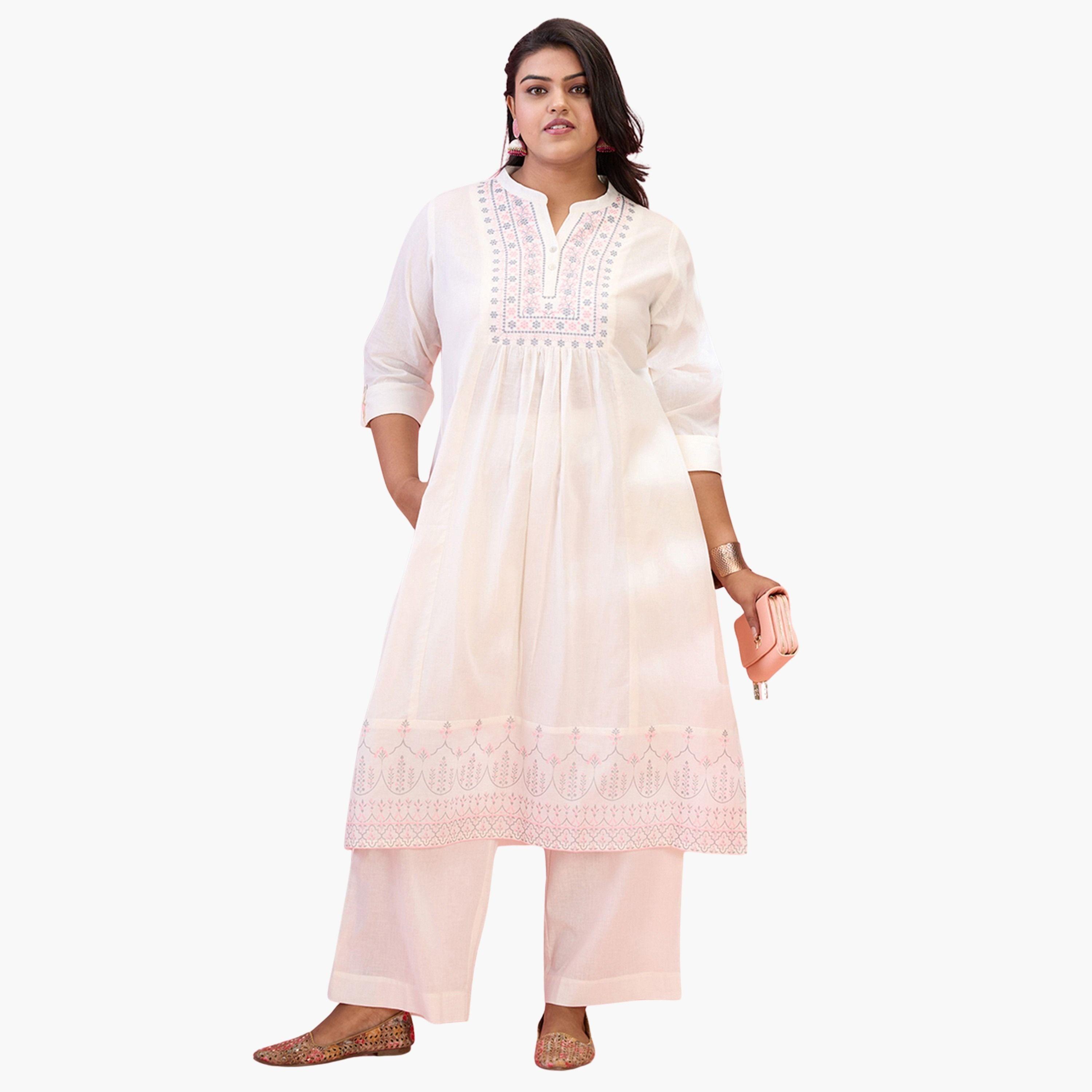 غلوبوس × ستايلي - طقم كورتا وبنطال مطرز لون أبيض بمقاسات كبيرة-women-clothing-ethnicwear-kurtasets-image-1