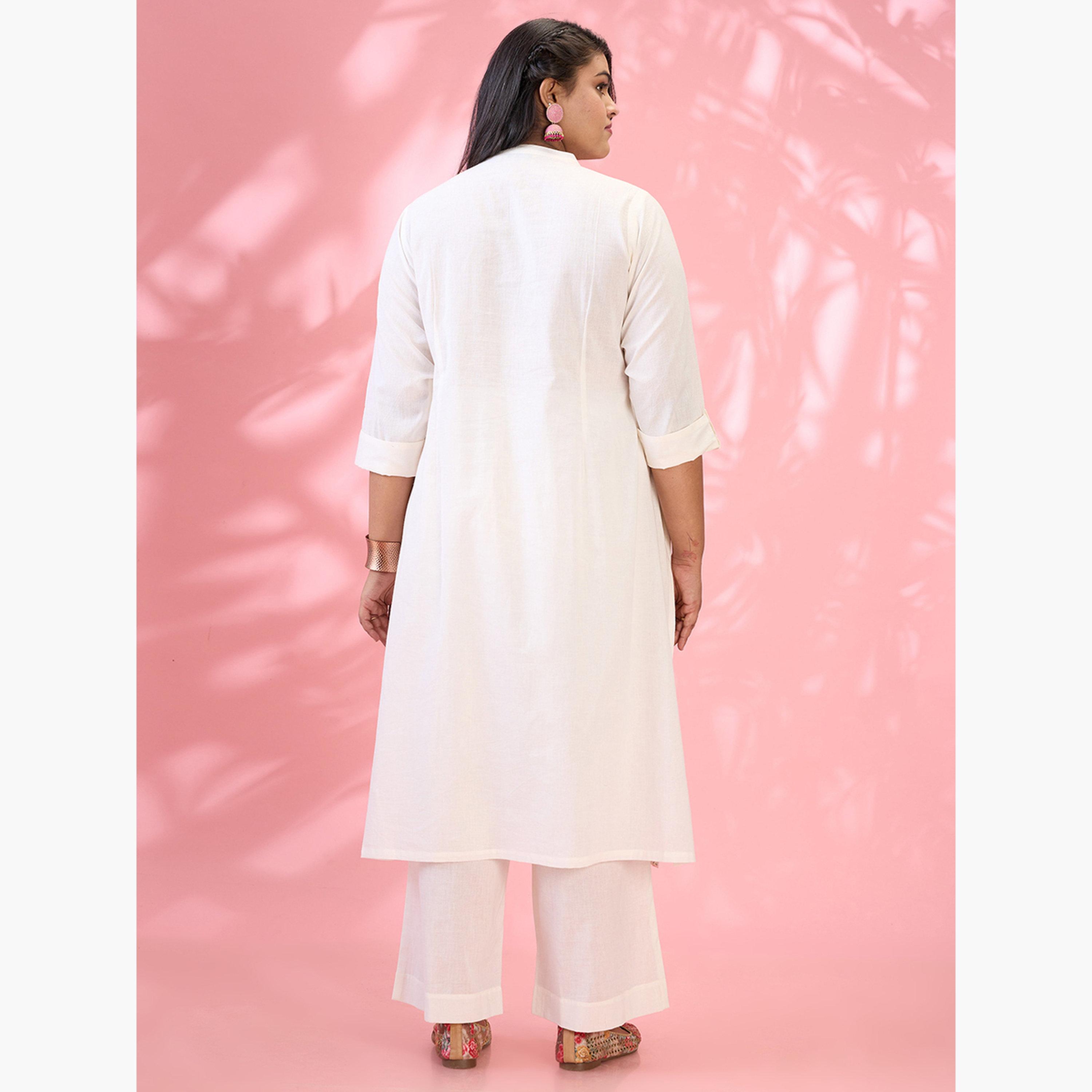 Globus X Styli Plus Size Off White Embroidered Yoke Kurta and Pants Set-women-clothing-ethnicwear-kurtasets-image-6