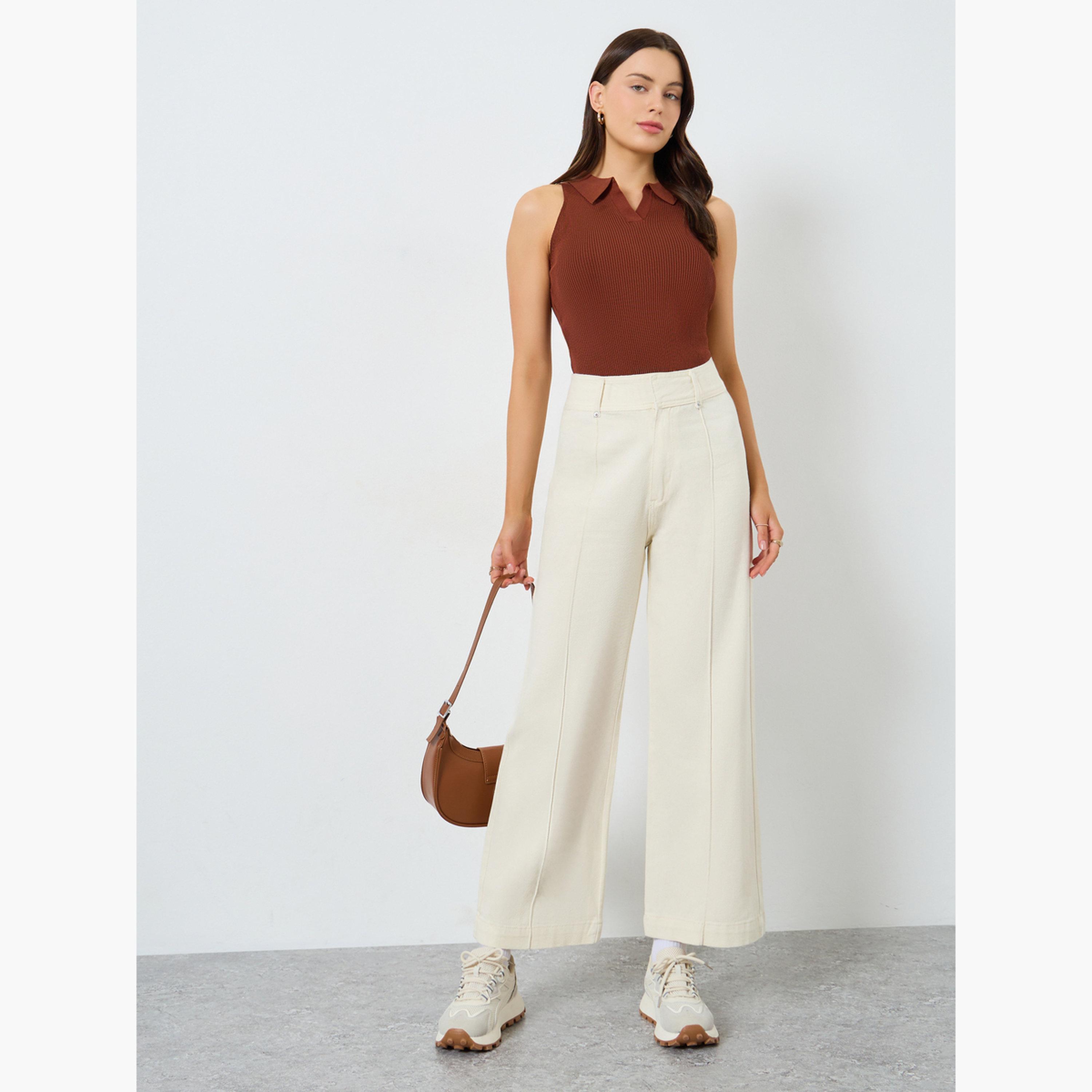 ستايلي - بنطال جينز واسع الساق بخصر مرتفع لون اوف وايت-women-clothing-bottoms-jeans-image-2