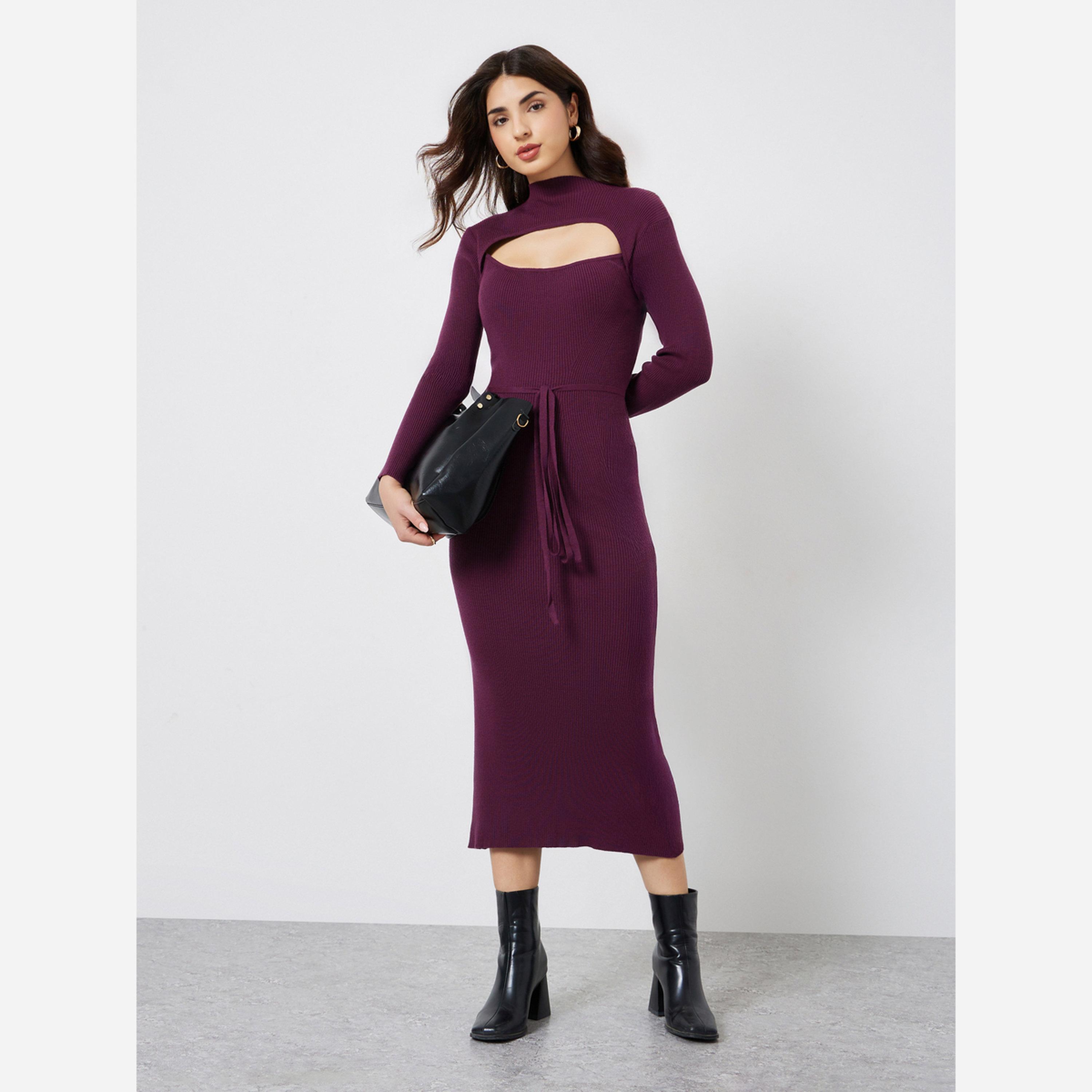 Styli Purple Ribbed Cut Out Sweater Midi Dress-women-clothing-dresses-image-1