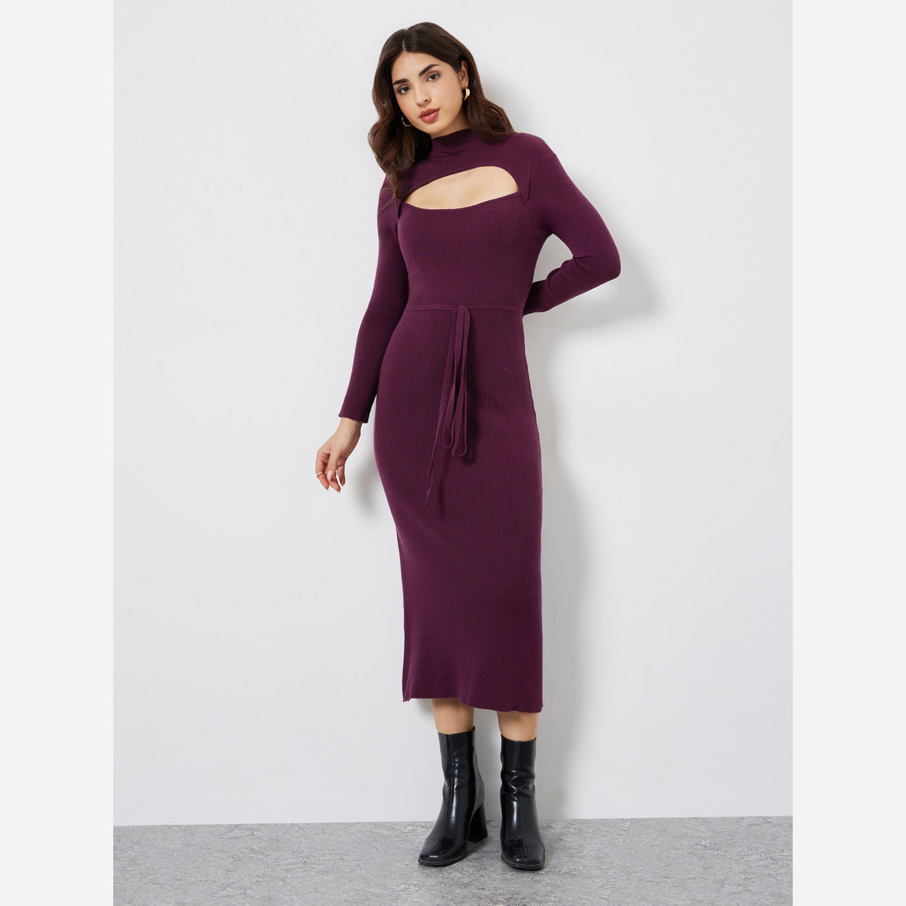 Styli Purple Ribbed Cut Out Sweater Midi Dress-women-clothing-dresses-image-2