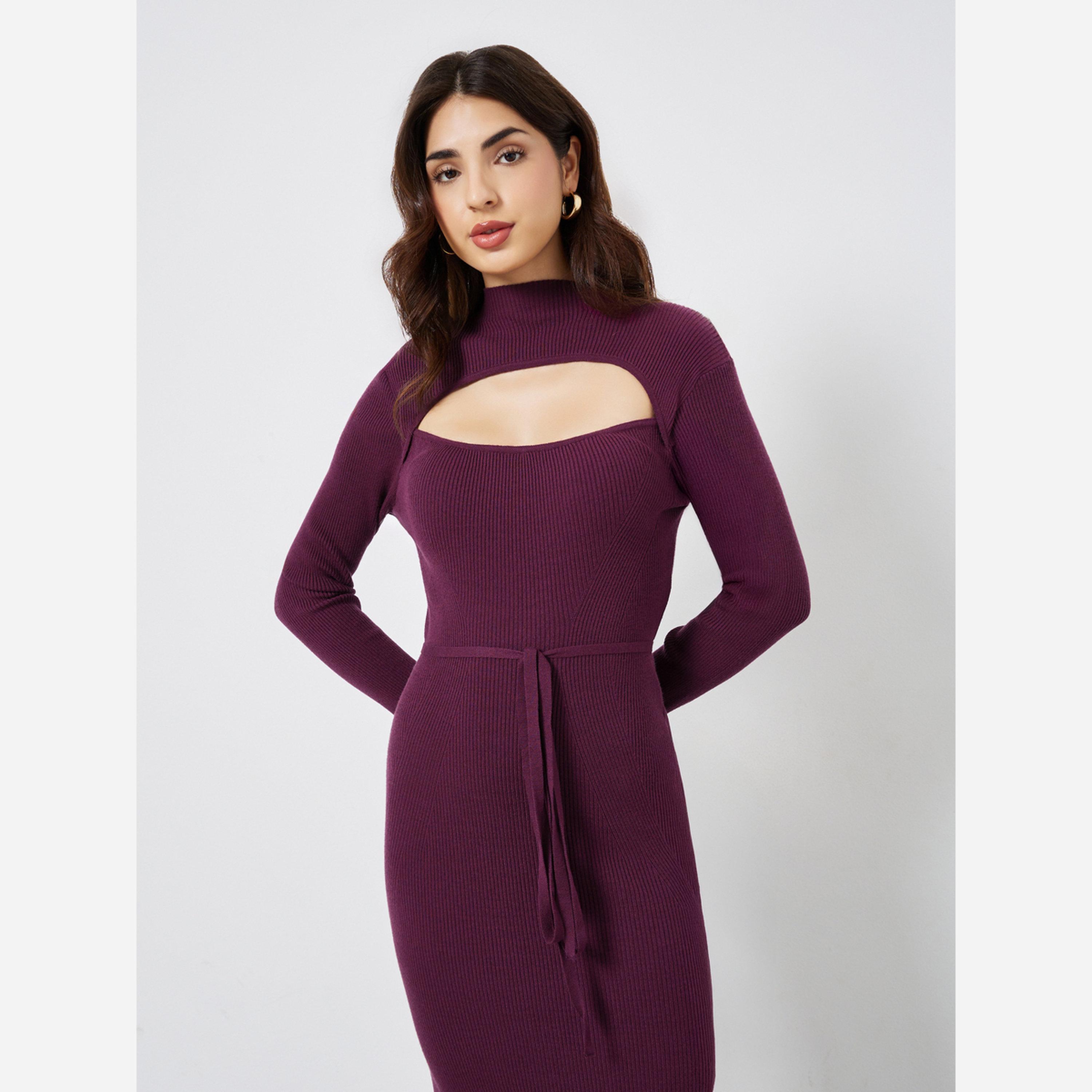 Styli Purple Ribbed Cut Out Sweater Midi Dress-women-clothing-dresses-image-4