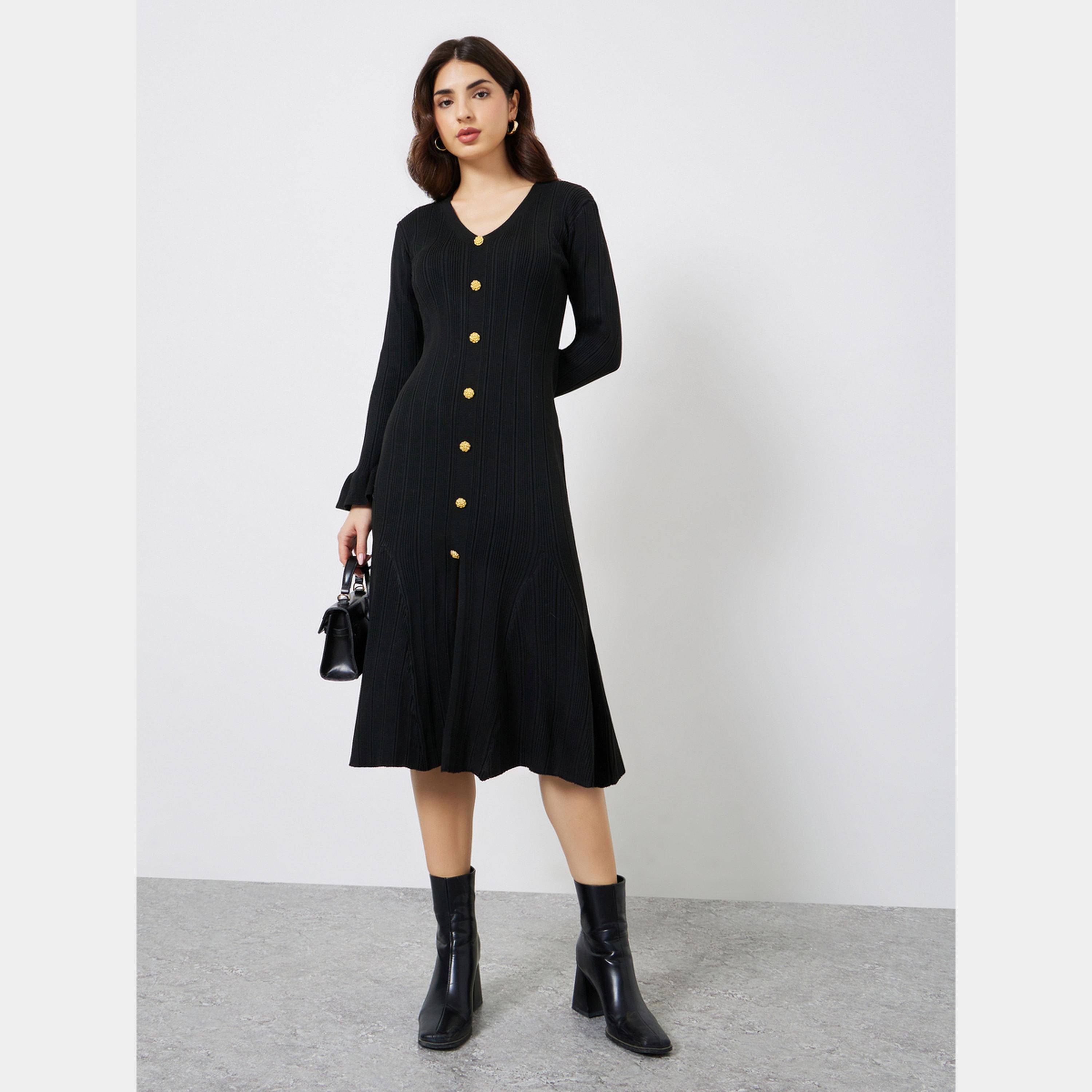 Styli Black Textured V-Neck Long Sleeves Women's Knit Midi Dress with Button Details-women-clothing-dresses-image-1