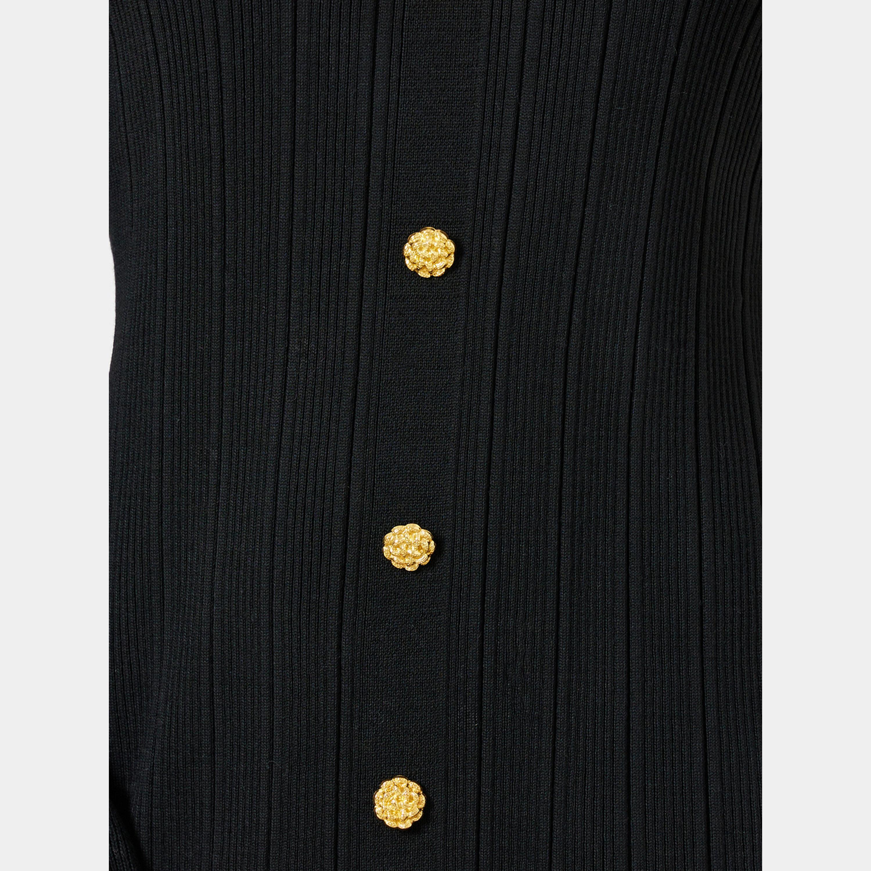 Styli Black Textured V-Neck Long Sleeves Women's Knit Midi Dress with Button Details-women-clothing-dresses-image-3