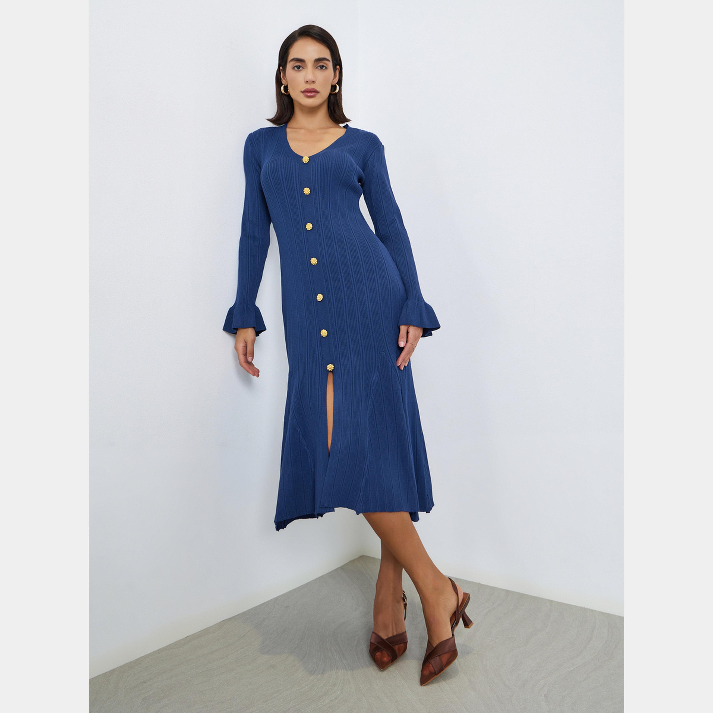 Styli Blue Textured V-Neck Long Sleeves Women's Knit Midi Dress with Button Details-women-clothing-dresses-image-1