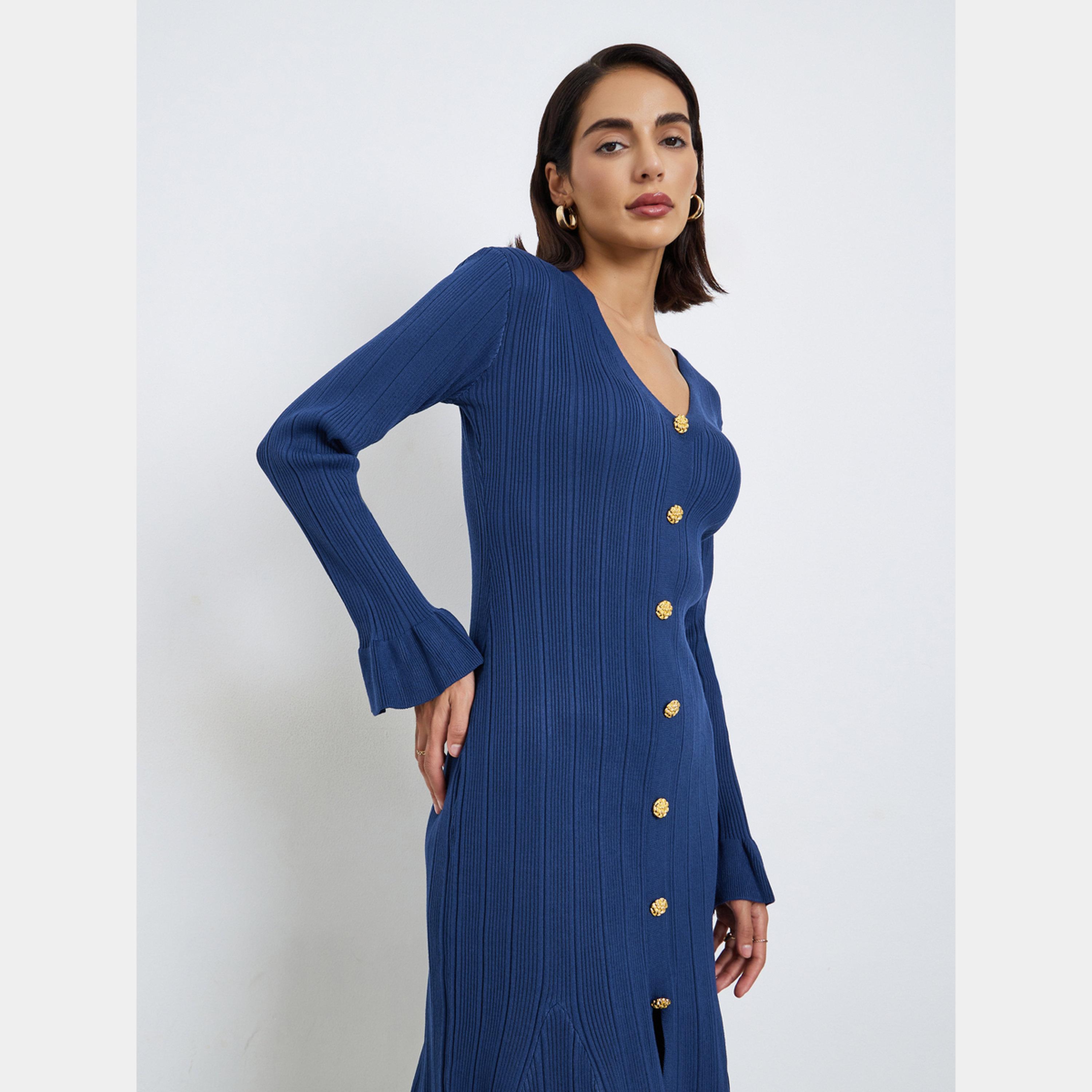Styli Blue Textured V-Neck Long Sleeves Women's Knit Midi Dress with Button Details-women-clothing-dresses-image-2