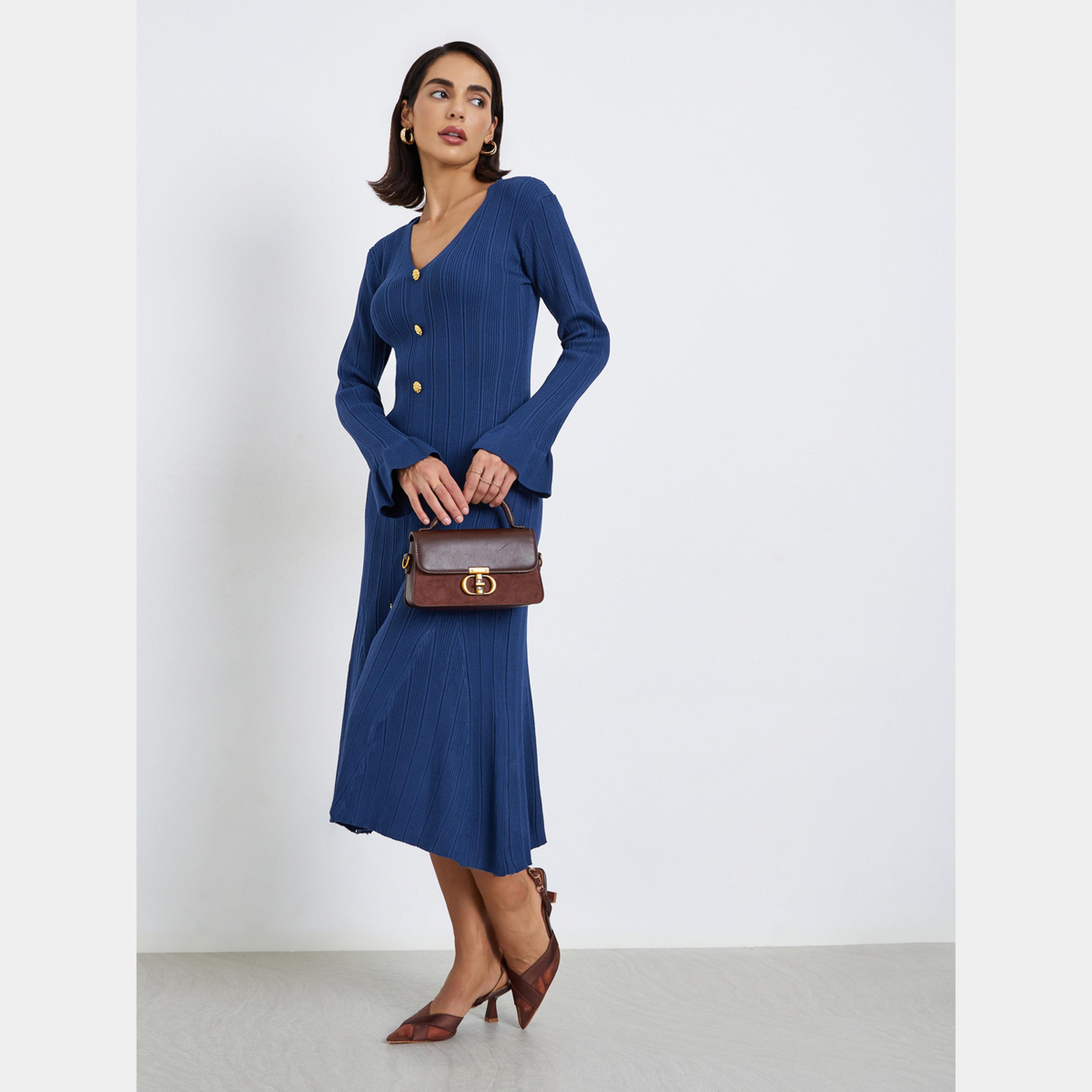 Styli Blue Textured V-Neck Long Sleeves Women's Knit Midi Dress with Button Details-women-clothing-dresses-image-3