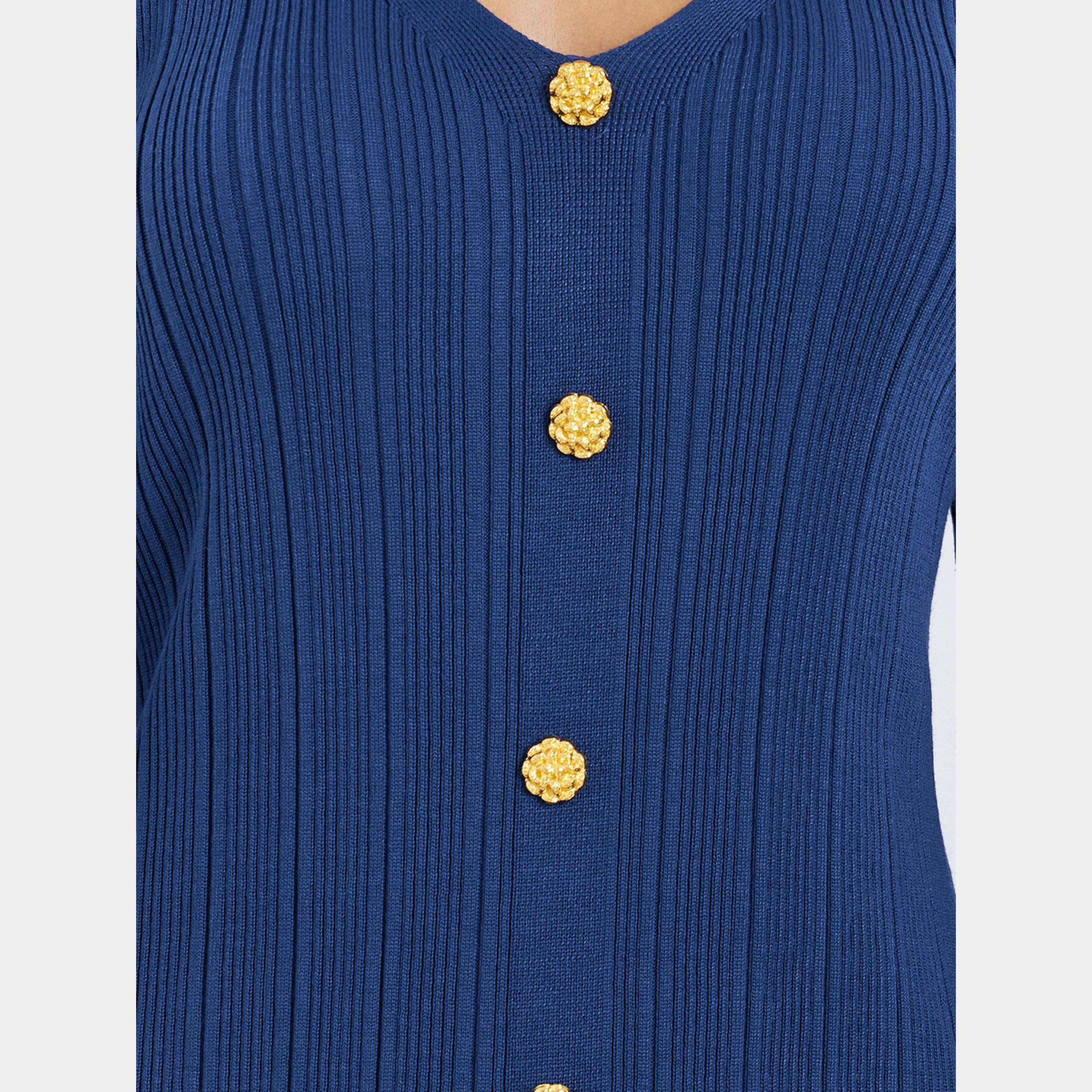Styli Blue Textured V-Neck Long Sleeves Women's Knit Midi Dress with Button Details-women-clothing-dresses-image-4