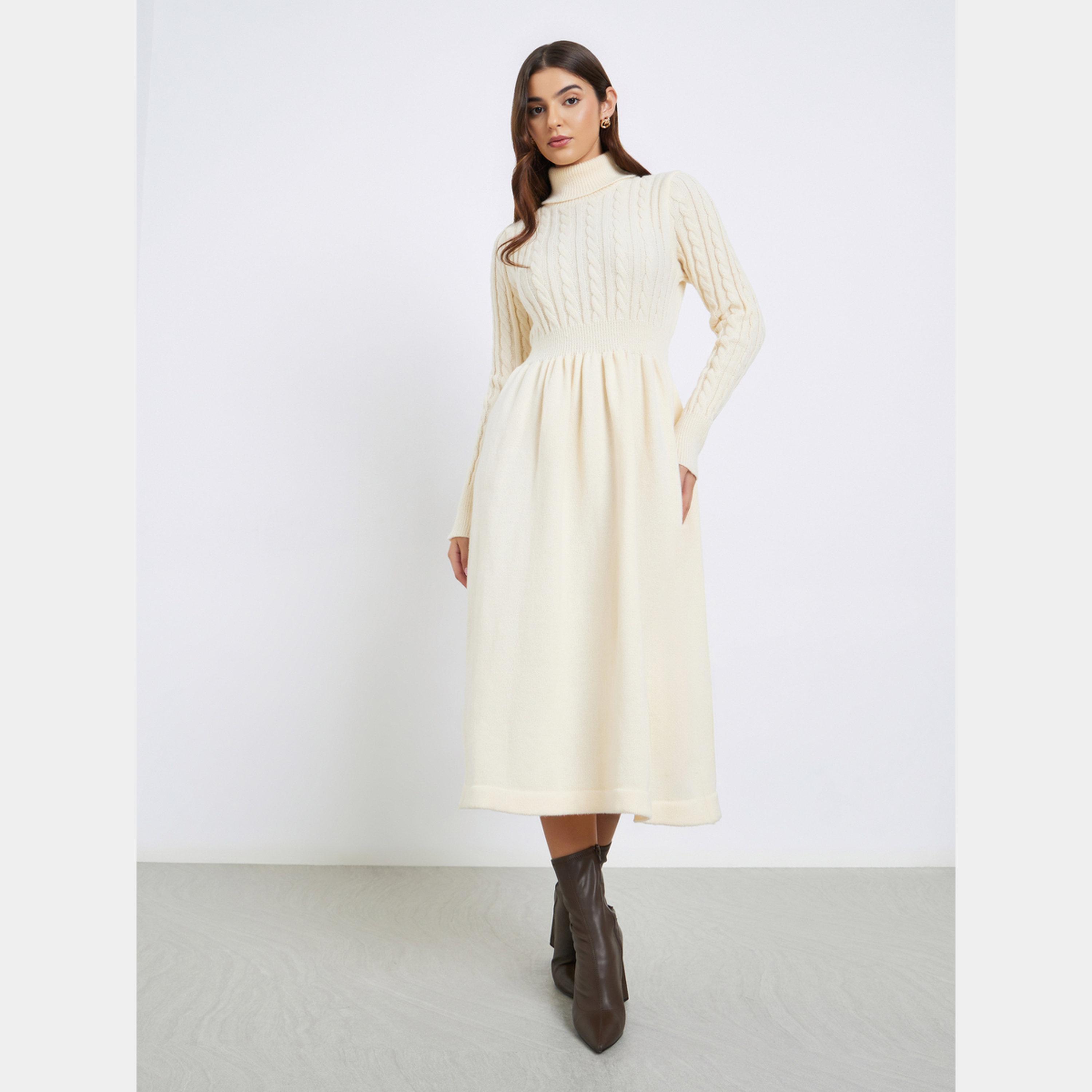 Styli Cream Cable Knit Turtle Neck Long Sleeves Women's Sweater Midi Dress-women-clothing-dresses-image-1