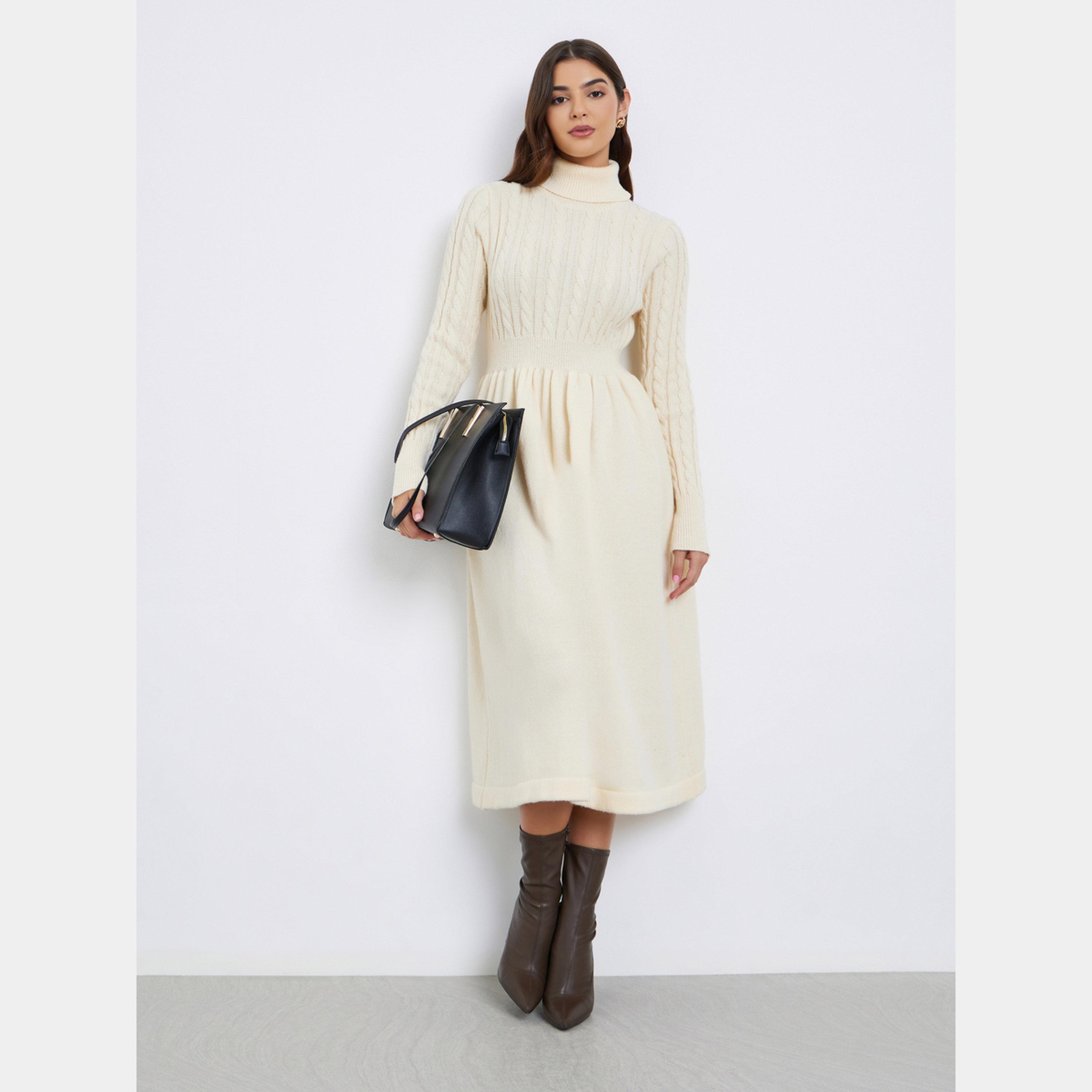 Styli Cream Cable Knit Turtle Neck Long Sleeves Women's Sweater Midi Dress-women-clothing-dresses-image-2