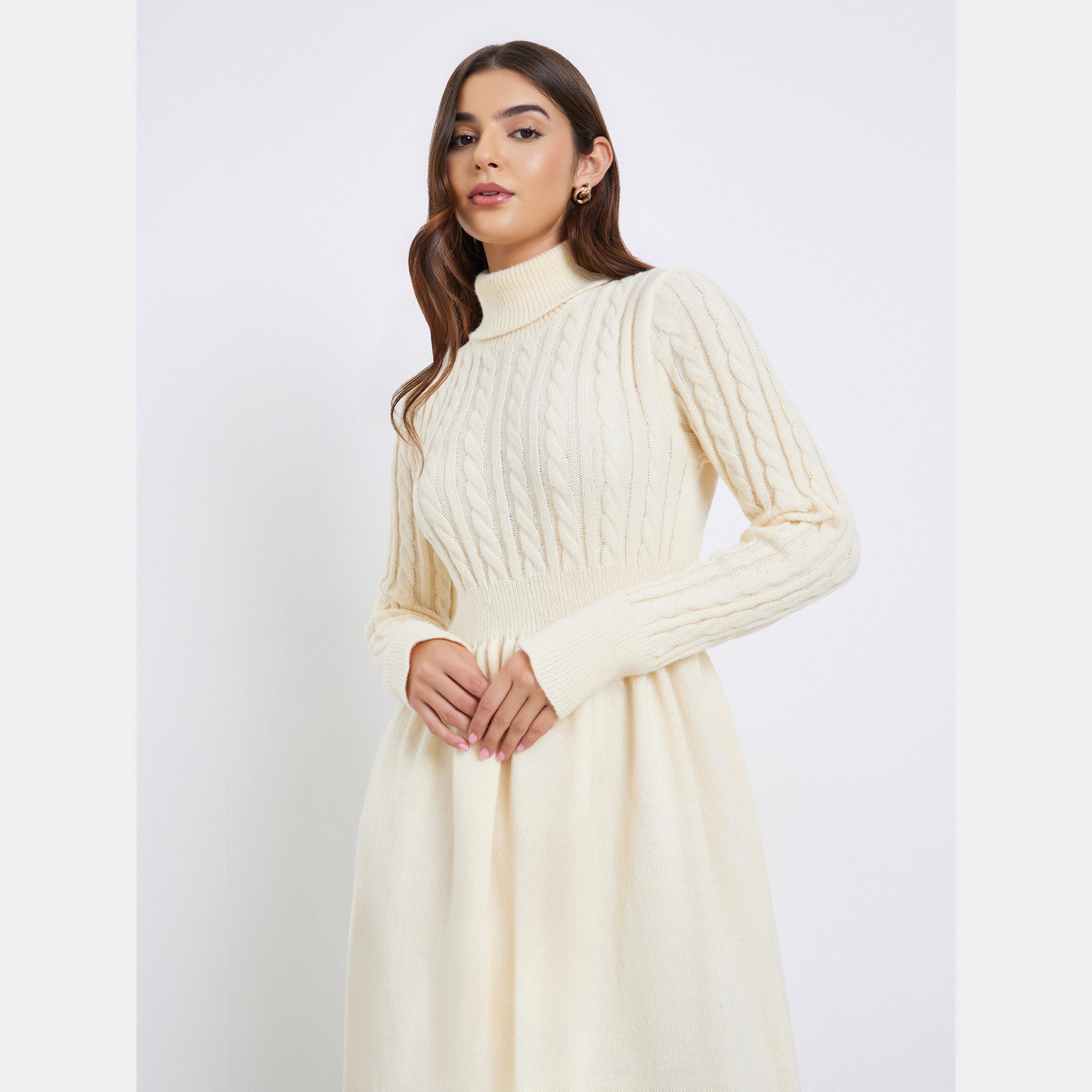 Styli Cream Cable Knit Turtle Neck Long Sleeves Women's Sweater Midi Dress-women-clothing-dresses-image-3