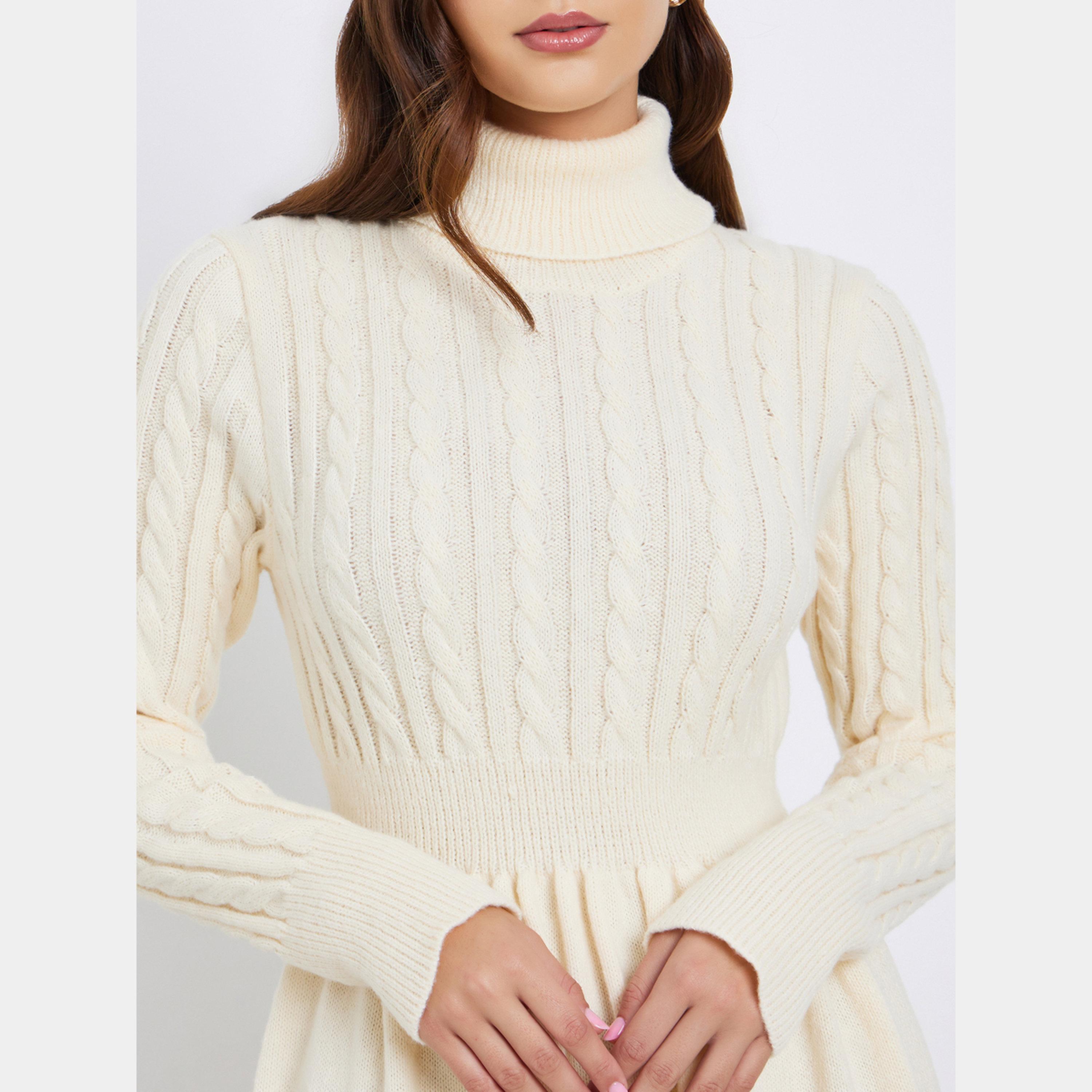 Styli Cream Cable Knit Turtle Neck Long Sleeves Women's Sweater Midi Dress-women-clothing-dresses-image-4