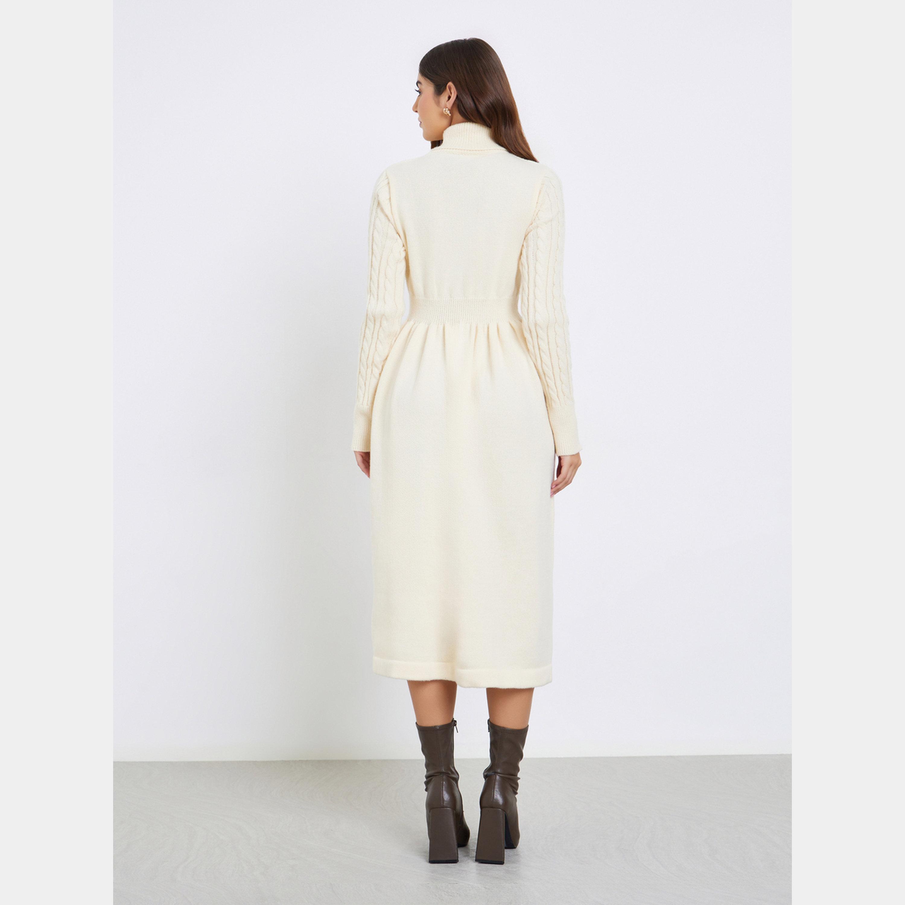 Styli Cream Cable Knit Turtle Neck Long Sleeves Women's Sweater Midi Dress-women-clothing-dresses-image-5