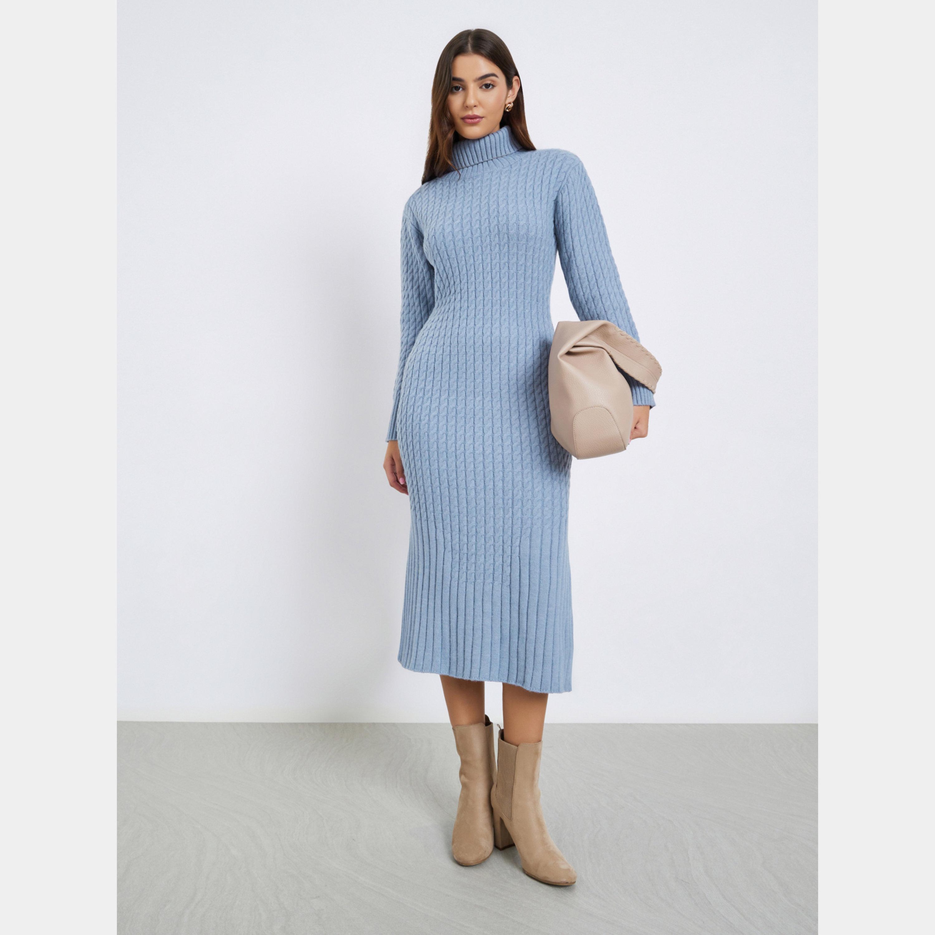 Styli Blue Ribbed Turtle Neck Long Sleeves Women's Sweater Midi Dress-women-clothing-dresses-image-1