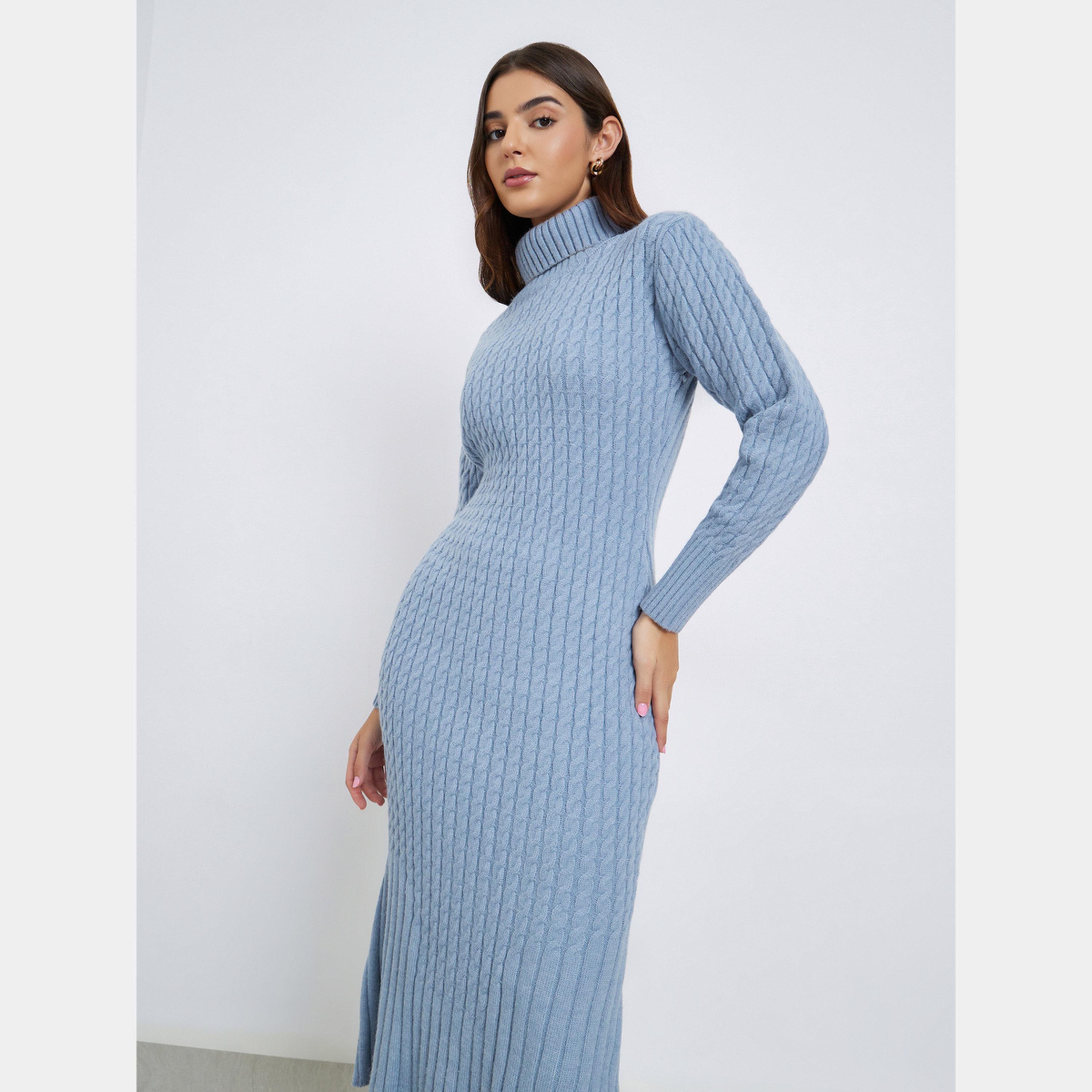Styli Blue Ribbed Turtle Neck Long Sleeves Women's Sweater Midi Dress-women-clothing-dresses-image-3