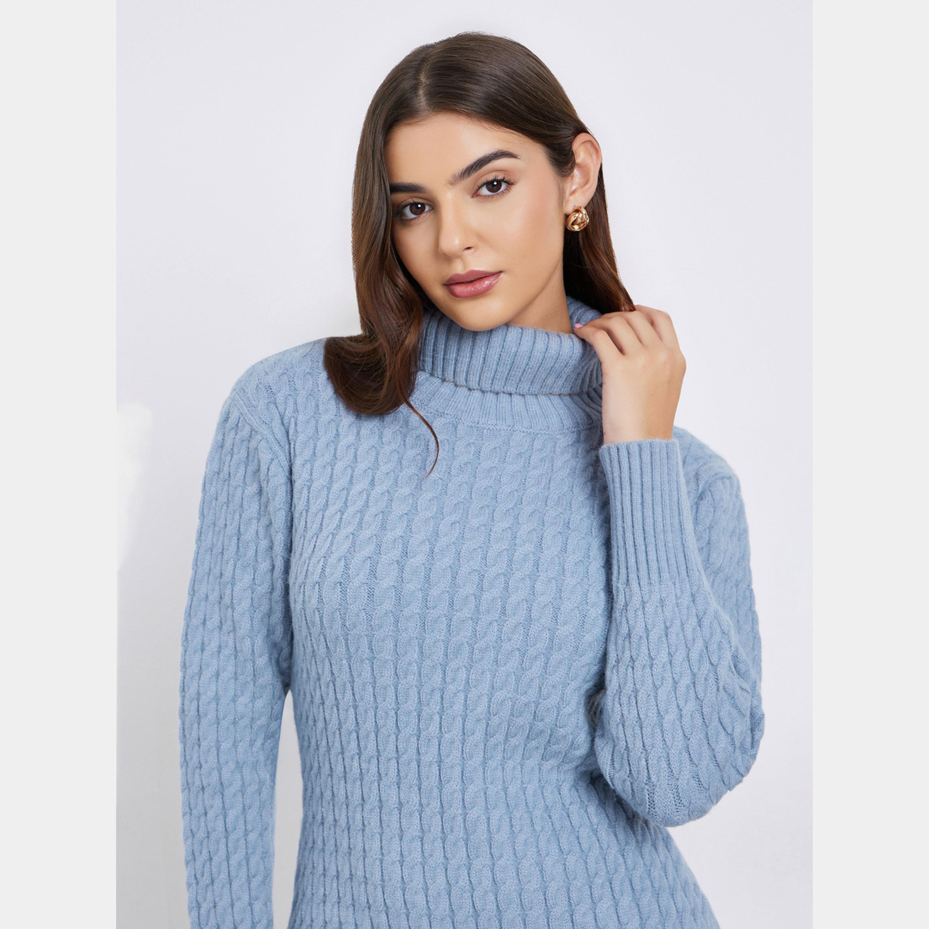 Styli Blue Ribbed Turtle Neck Long Sleeves Women's Sweater Midi Dress-women-clothing-dresses-image-4