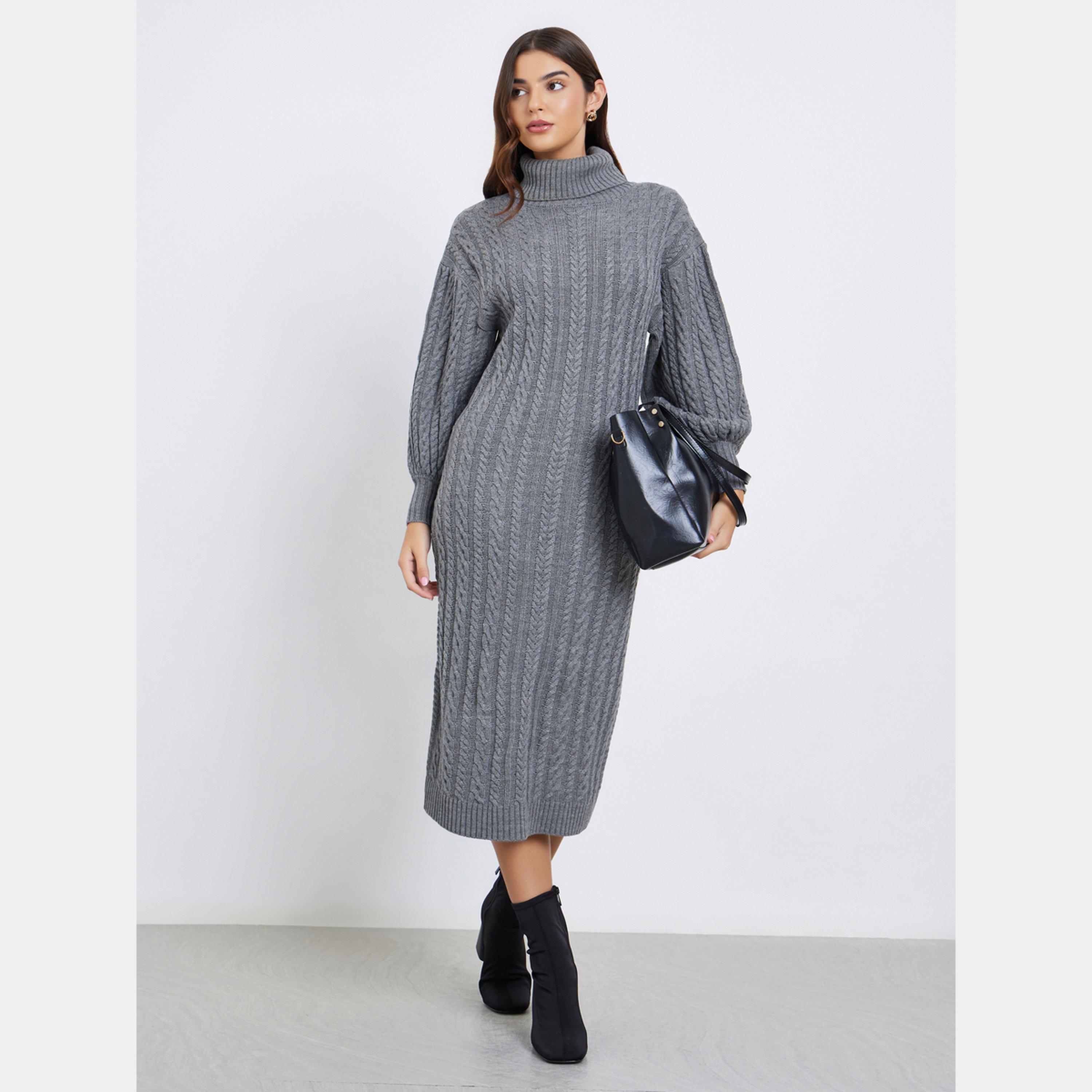 ستايلي - فستان نسائي متوسط ​​الطول بأكمام طويلة وياقة مدورة حياكة كابل لون رمادي-women-clothing-dresses-image-1