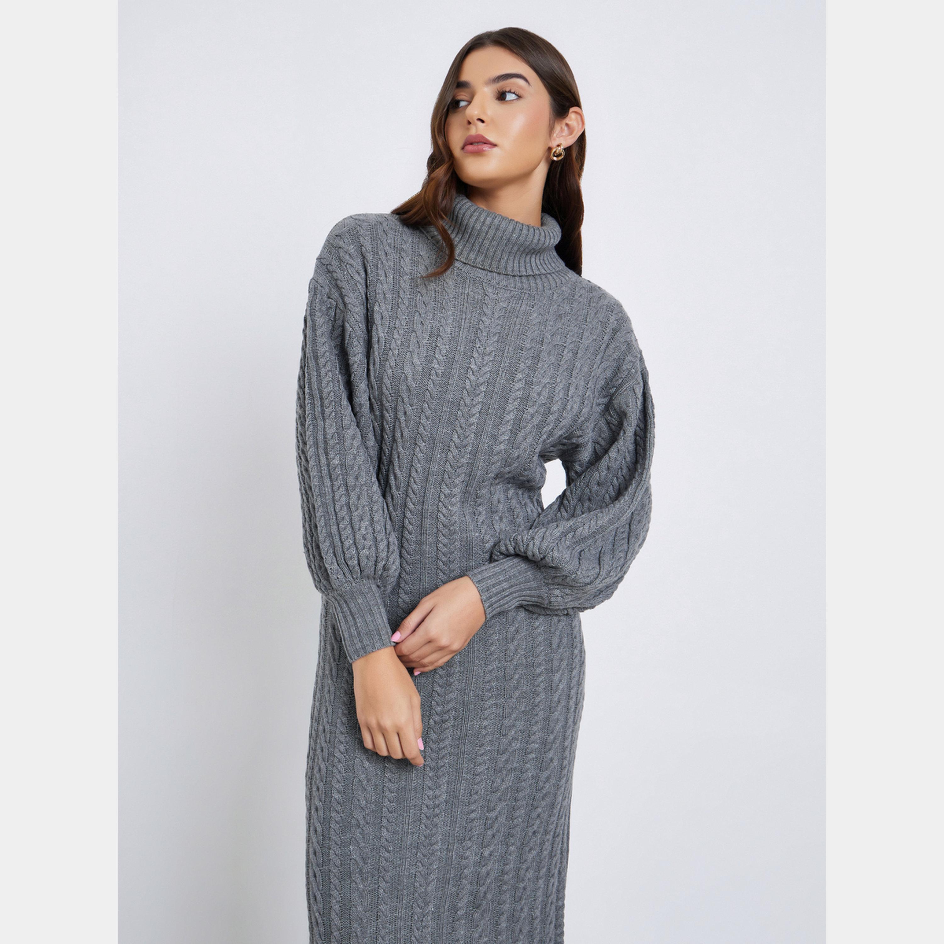 ستايلي - فستان نسائي متوسط ​​الطول بأكمام طويلة وياقة مدورة حياكة كابل لون رمادي-women-clothing-dresses-image-2