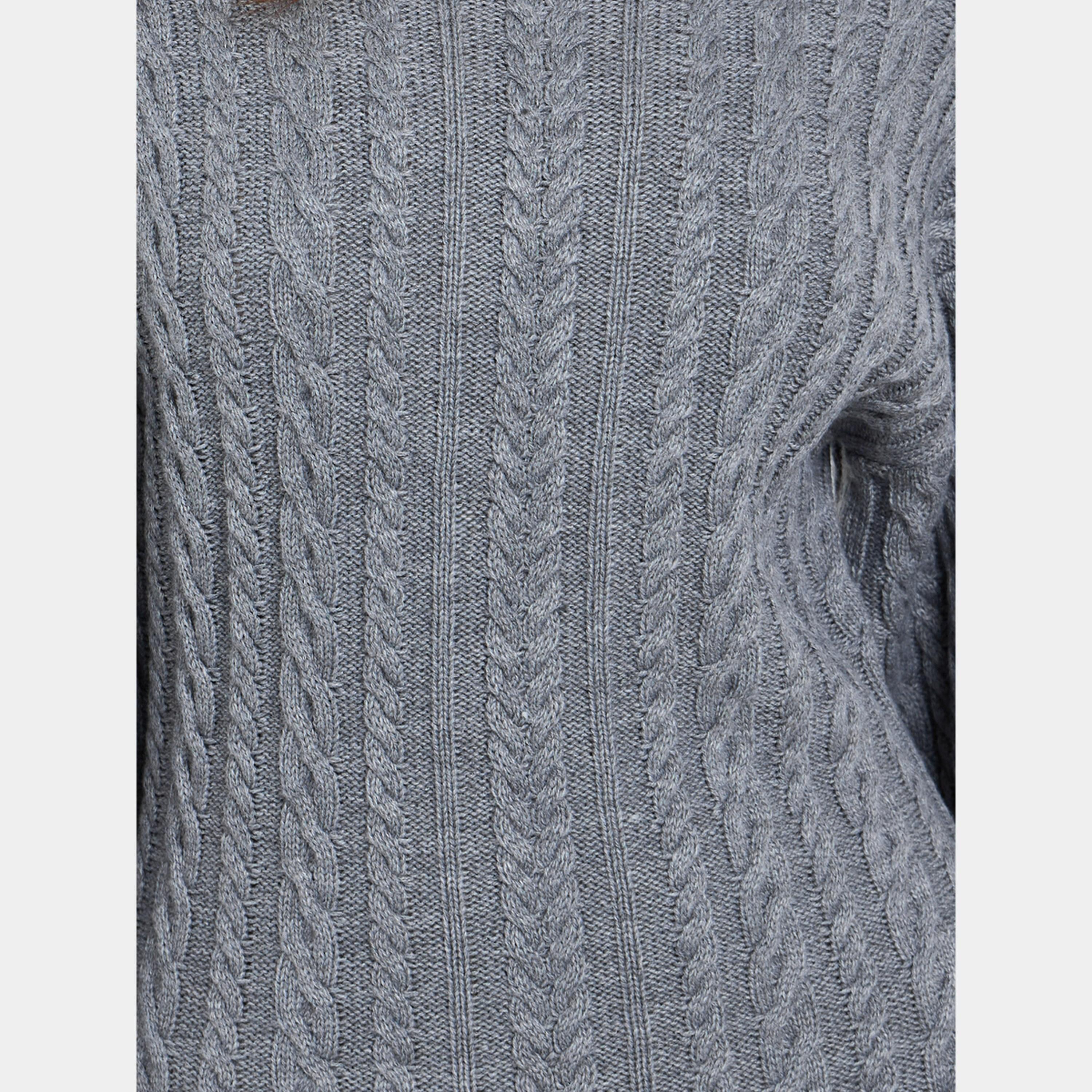 ستايلي - فستان نسائي متوسط ​​الطول بأكمام طويلة وياقة مدورة حياكة كابل لون رمادي-women-clothing-dresses-image-3