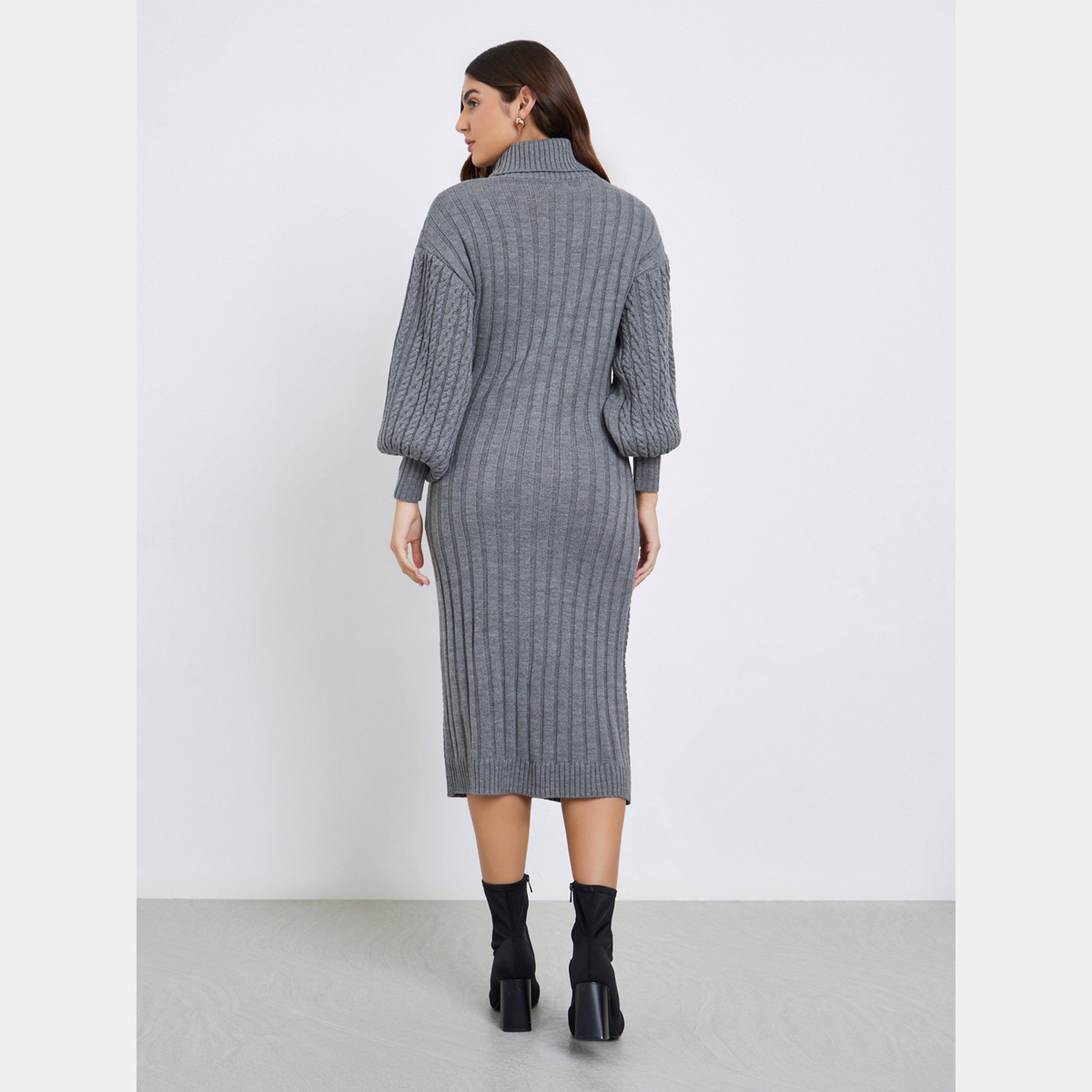 ستايلي - فستان نسائي متوسط ​​الطول بأكمام طويلة وياقة مدورة حياكة كابل لون رمادي-women-clothing-dresses-image-4