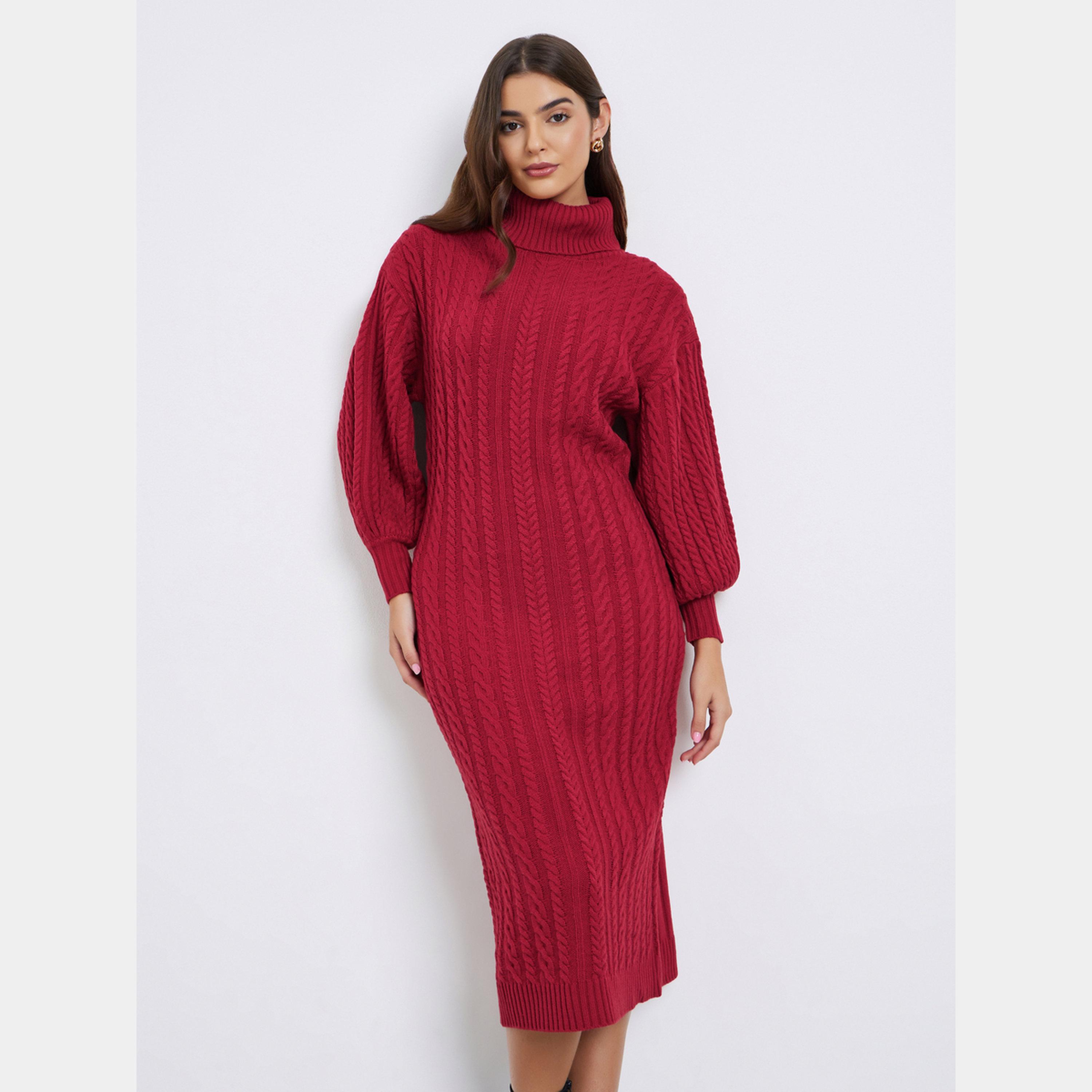 ستايلي - فستان نسائي متوسط ​​الطول بأكمام طويلة وياقة مدورة حياكة كابل لون أحمر-women-clothing-dresses-image-1