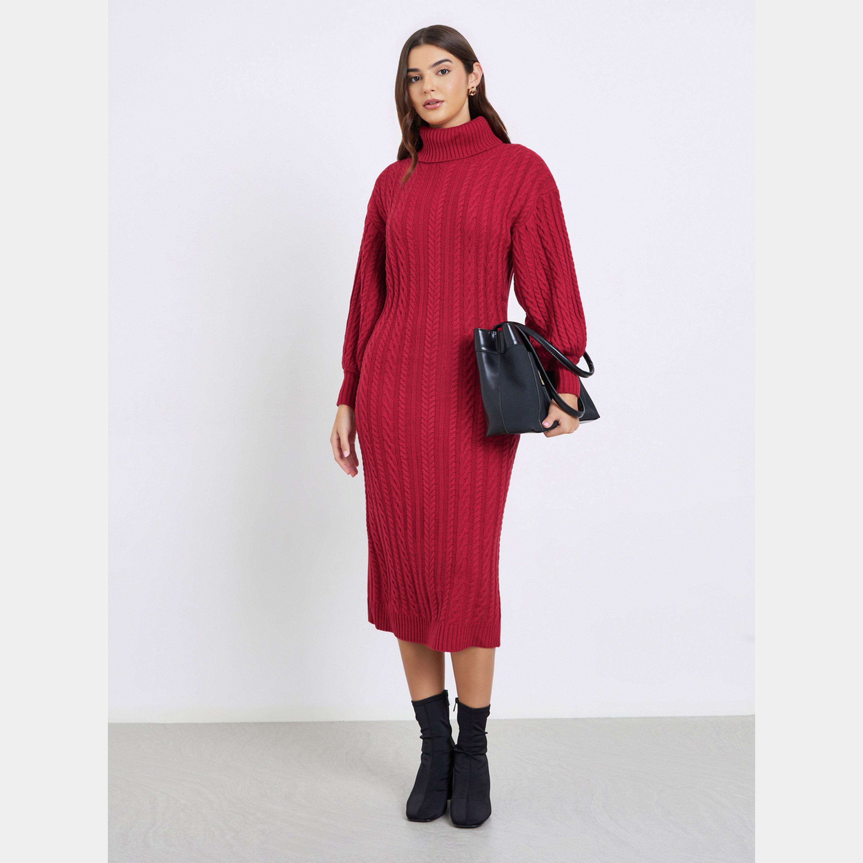 ستايلي - فستان نسائي متوسط ​​الطول بأكمام طويلة وياقة مدورة حياكة كابل لون أحمر-women-clothing-dresses-image-2