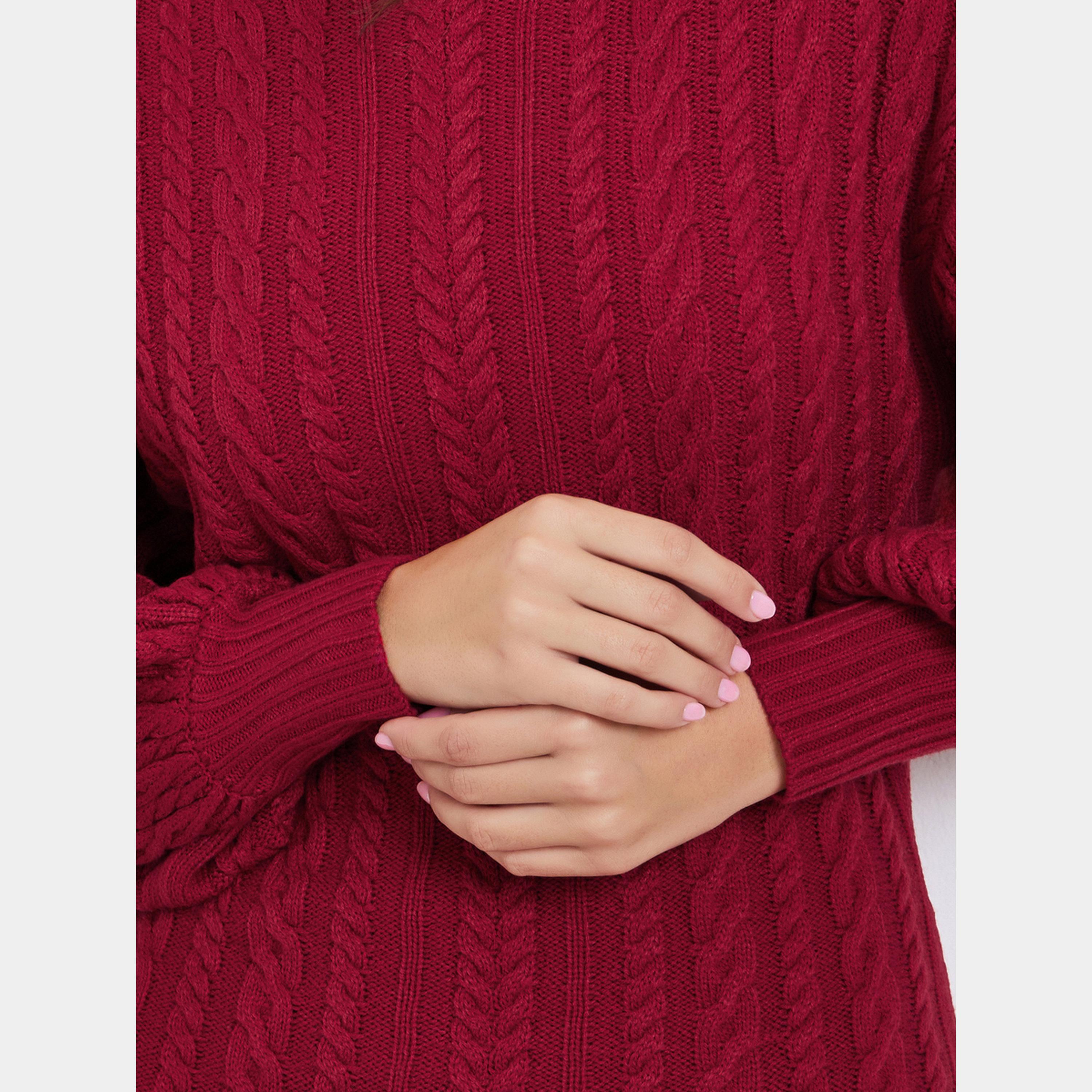 ستايلي - فستان نسائي متوسط ​​الطول بأكمام طويلة وياقة مدورة حياكة كابل لون أحمر-women-clothing-dresses-image-3
