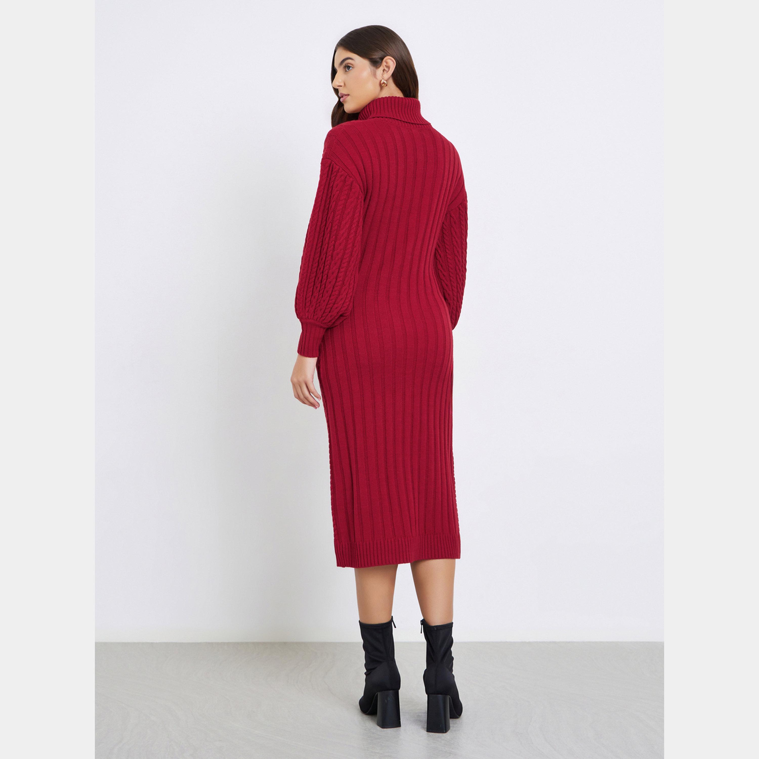 ستايلي - فستان نسائي متوسط ​​الطول بأكمام طويلة وياقة مدورة حياكة كابل لون أحمر-women-clothing-dresses-image-4