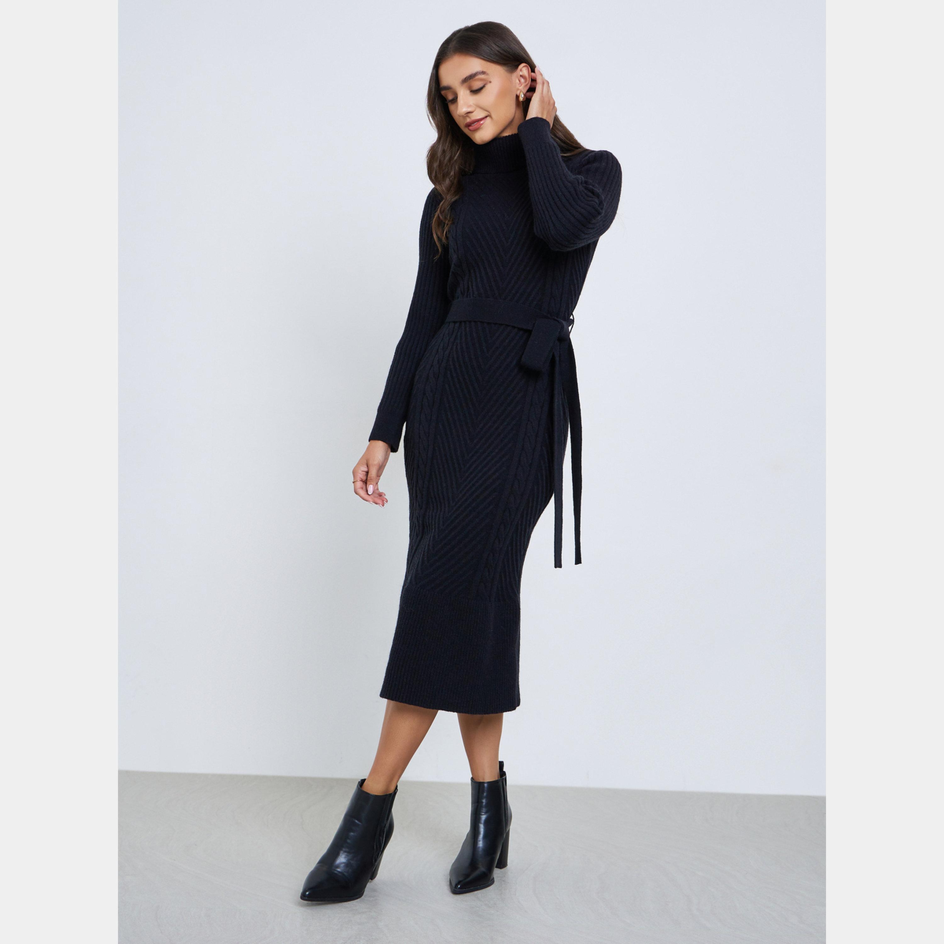 ستايلي - فستان نسائي أسود بأكمام طويلة وياقة مدورة صوف مع حزام-women-clothing-dresses-image-1