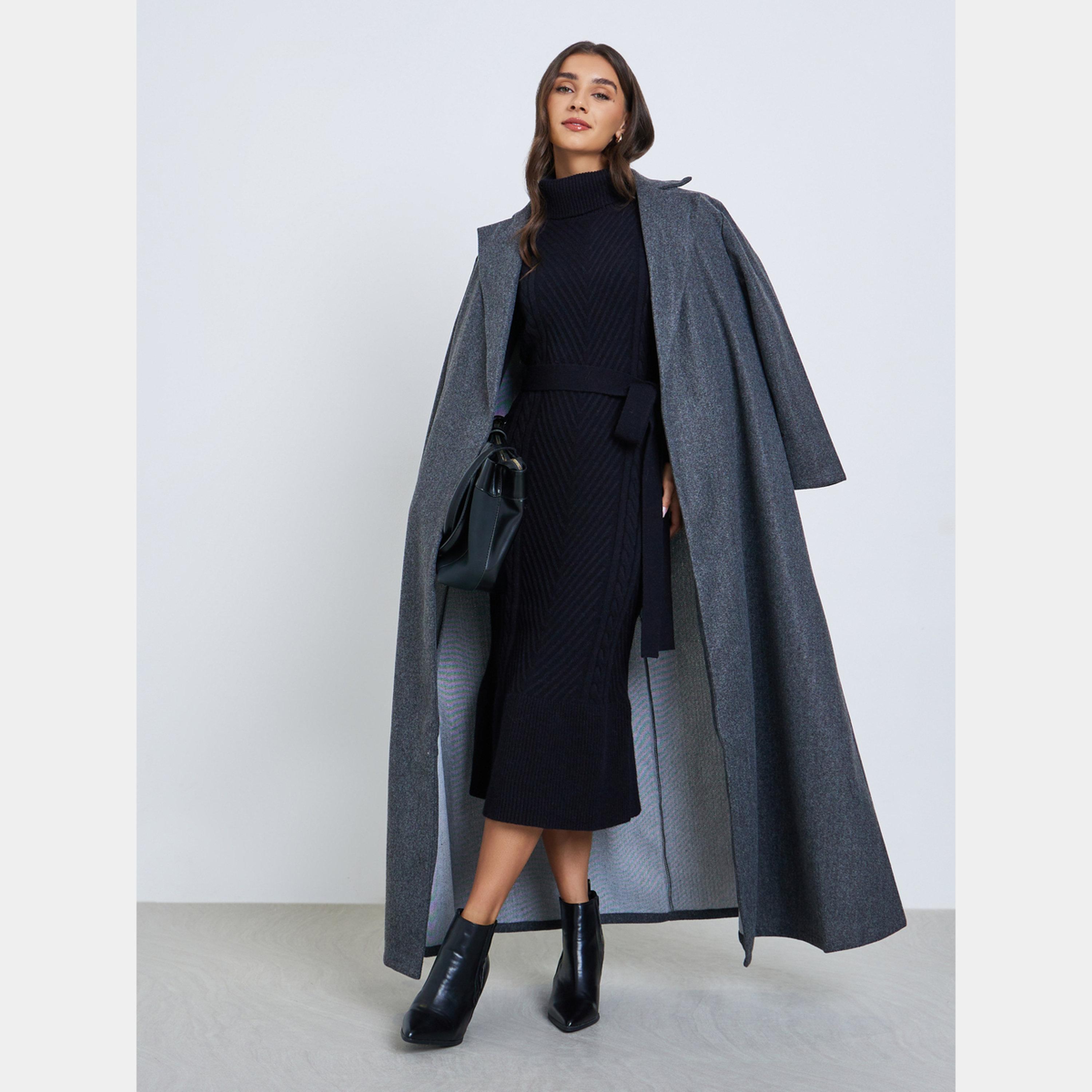ستايلي - فستان نسائي أسود بأكمام طويلة وياقة مدورة صوف مع حزام-women-clothing-dresses-image-2