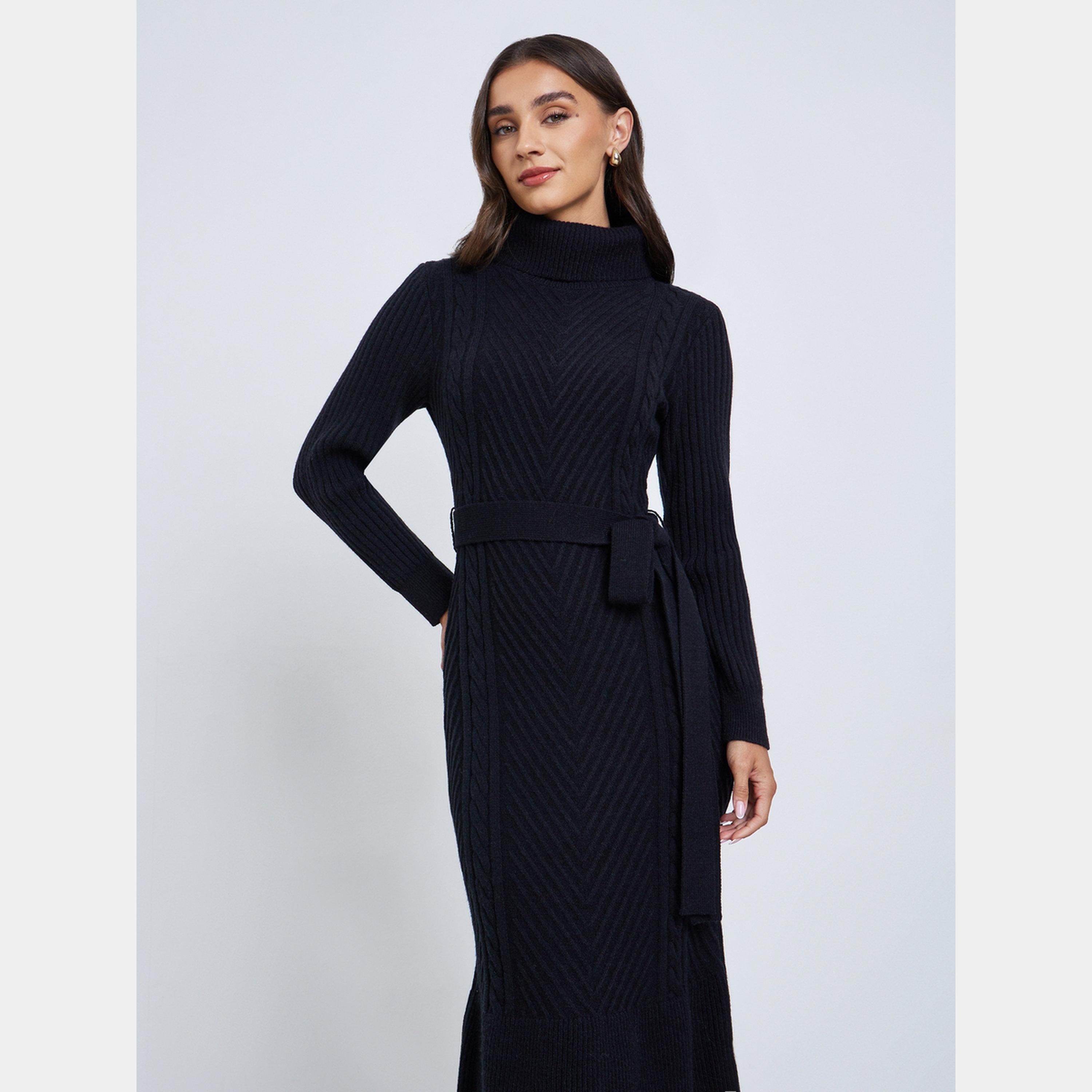 ستايلي - فستان نسائي أسود بأكمام طويلة وياقة مدورة صوف مع حزام-women-clothing-dresses-image-3