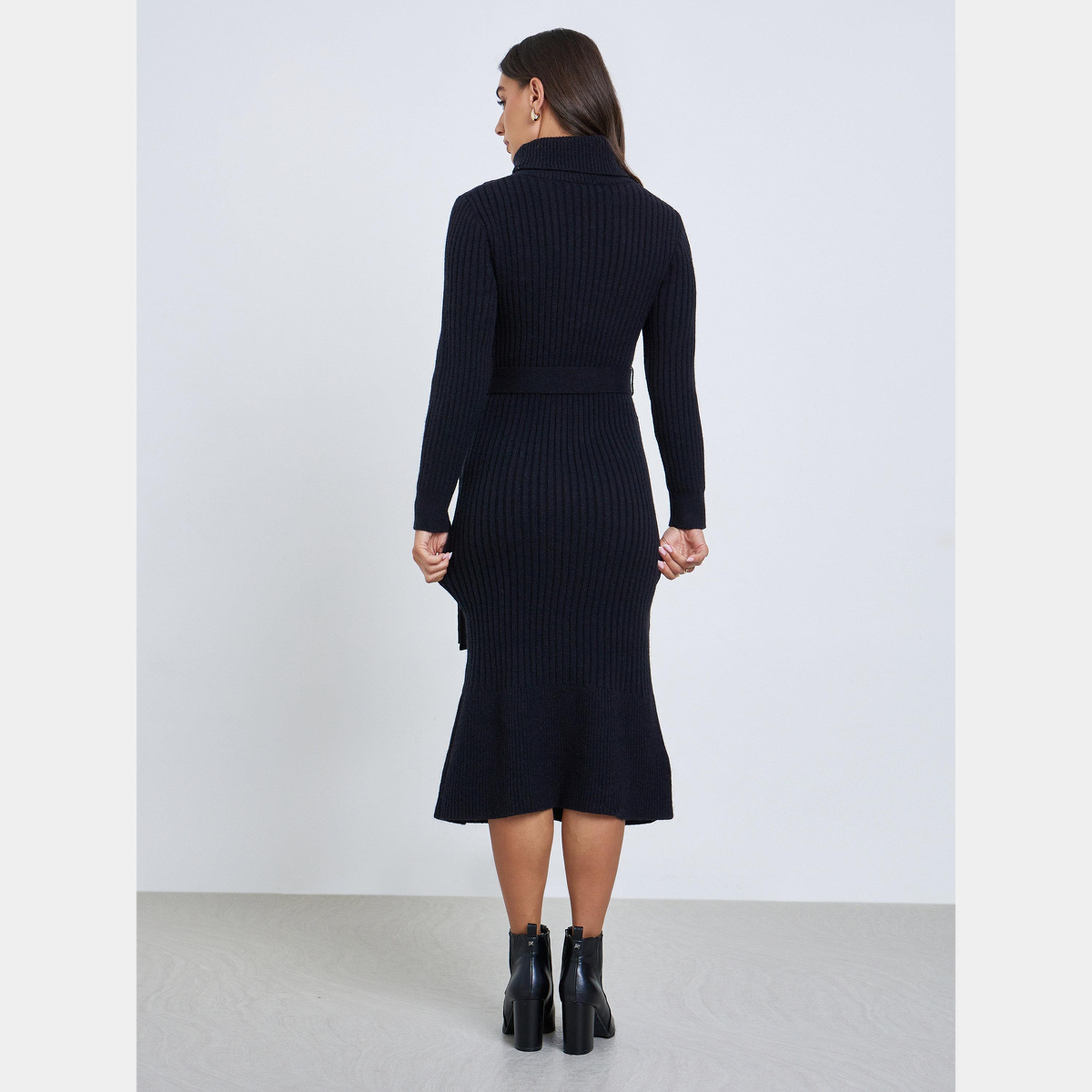 ستايلي - فستان نسائي أسود بأكمام طويلة وياقة مدورة صوف مع حزام-women-clothing-dresses-image-5
