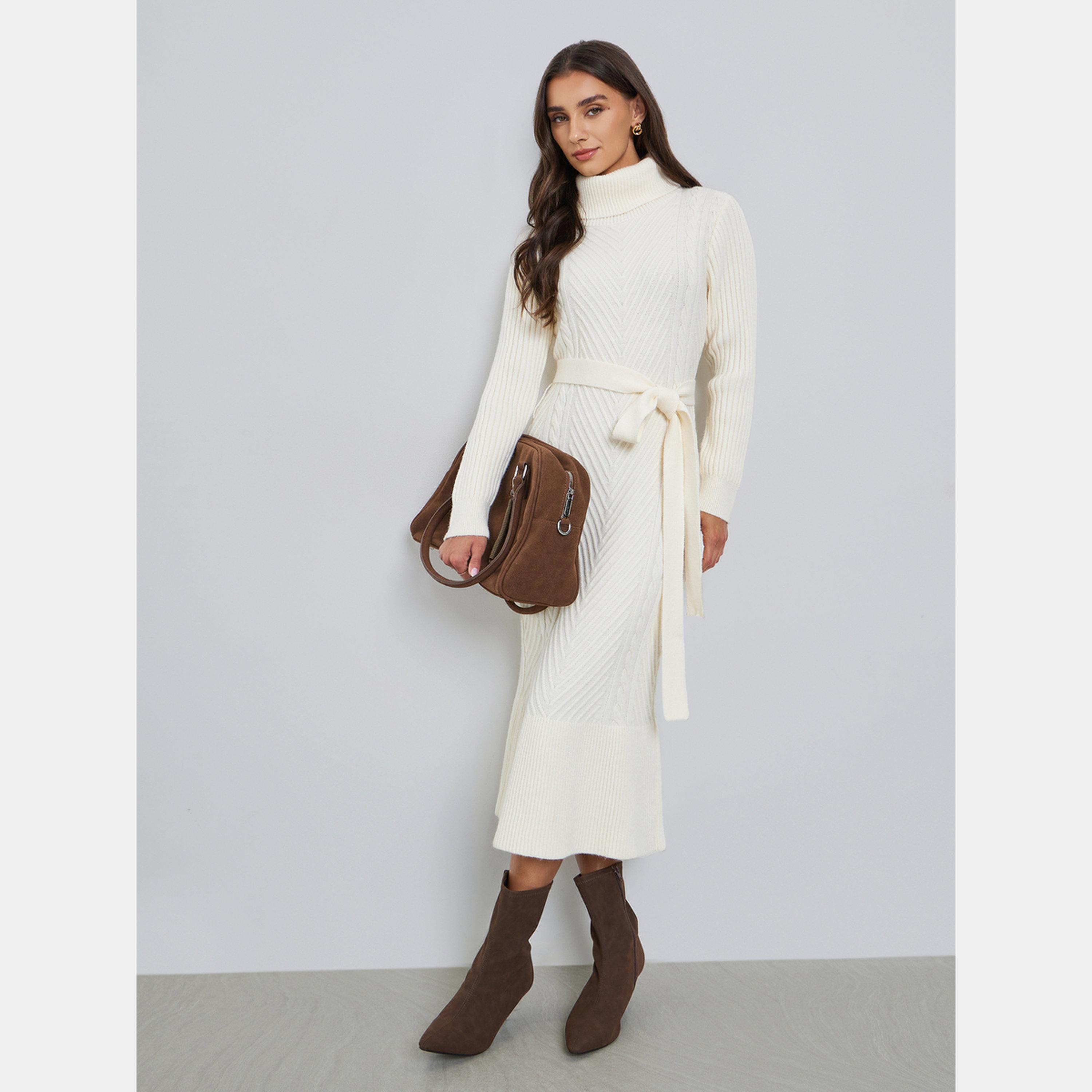 Styli Off White Ribbed Knit Turtle Neck Long Sleeves Women's Sweater Midi Dress with Belt-women-clothing-dresses-image-1