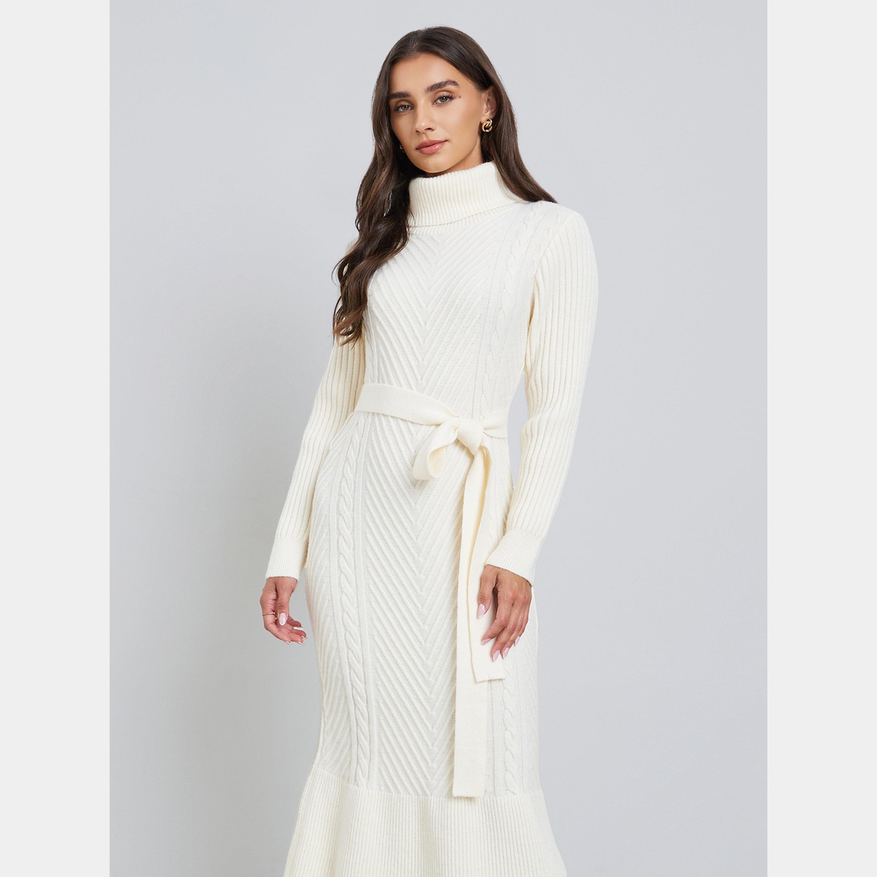 Styli Off White Ribbed Knit Turtle Neck Long Sleeves Women's Sweater Midi Dress with Belt-women-clothing-dresses-image-2