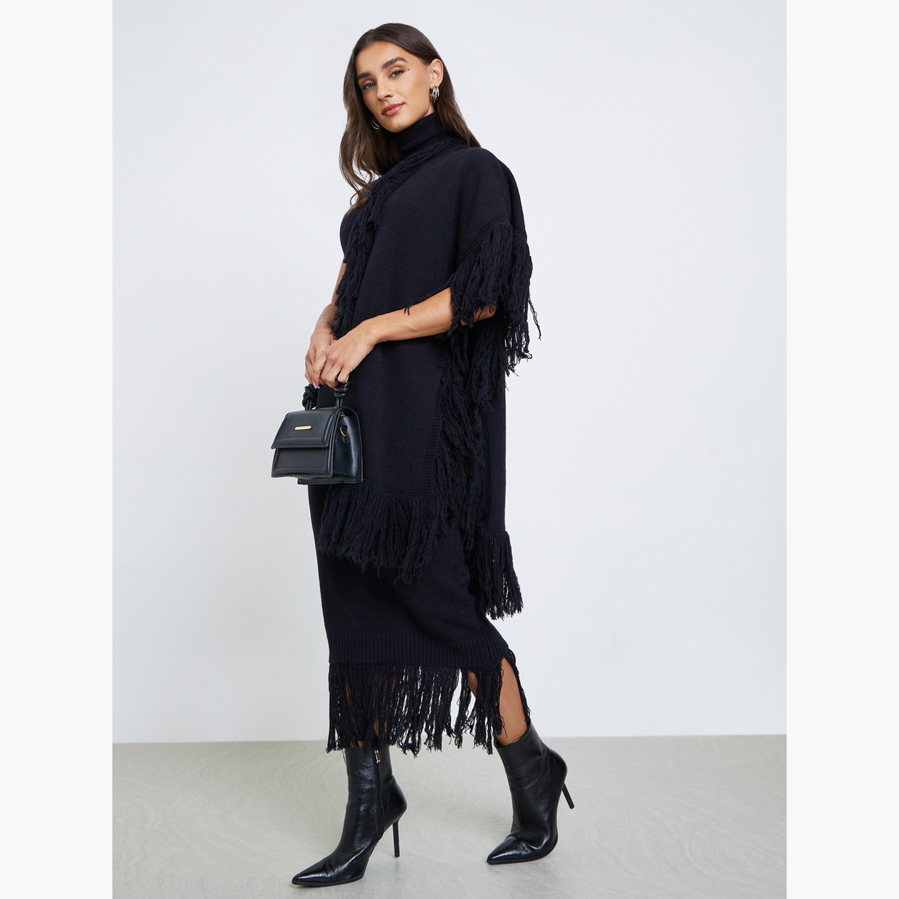 ستايلي - فستان سويتر متوسط الطول أسود بدون أكمام مع شراشيب أنيقة-women-clothing-dresses-image-1