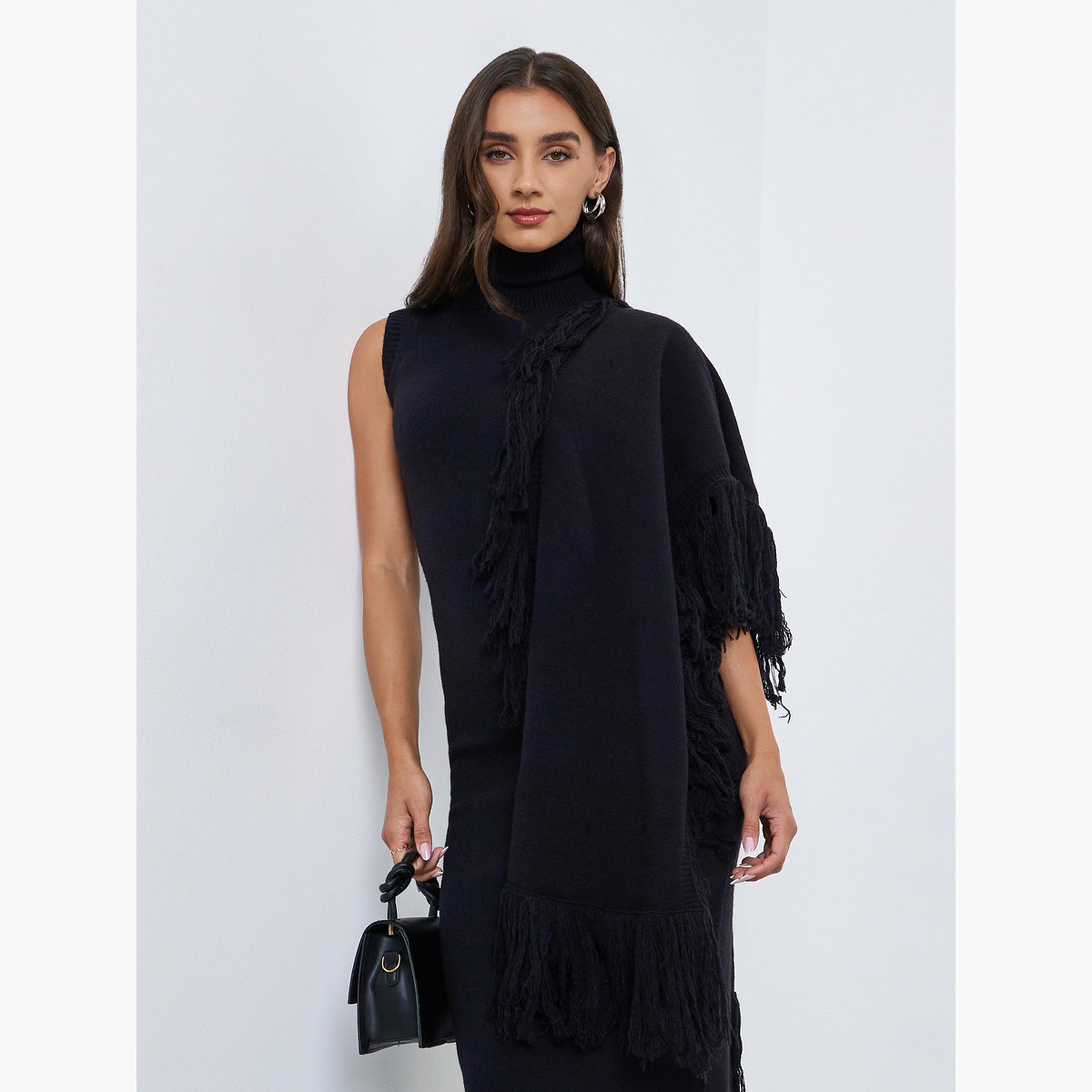 Styli Black Sleeveless Midi Sweater Dress with Fringed Cape-women-clothing-dresses-image-2