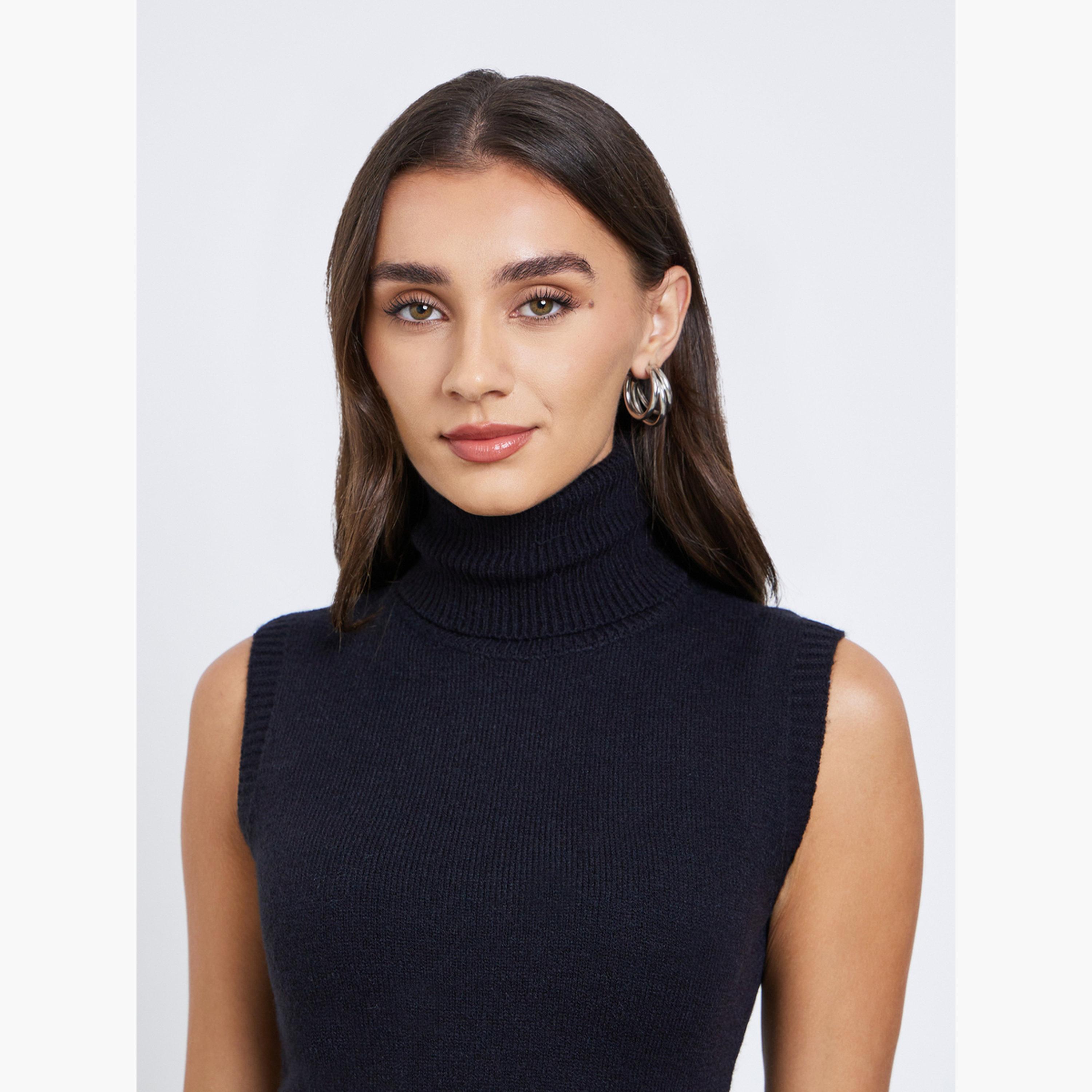 Styli Black Sleeveless Midi Sweater Dress with Fringed Cape-women-clothing-dresses-image-4