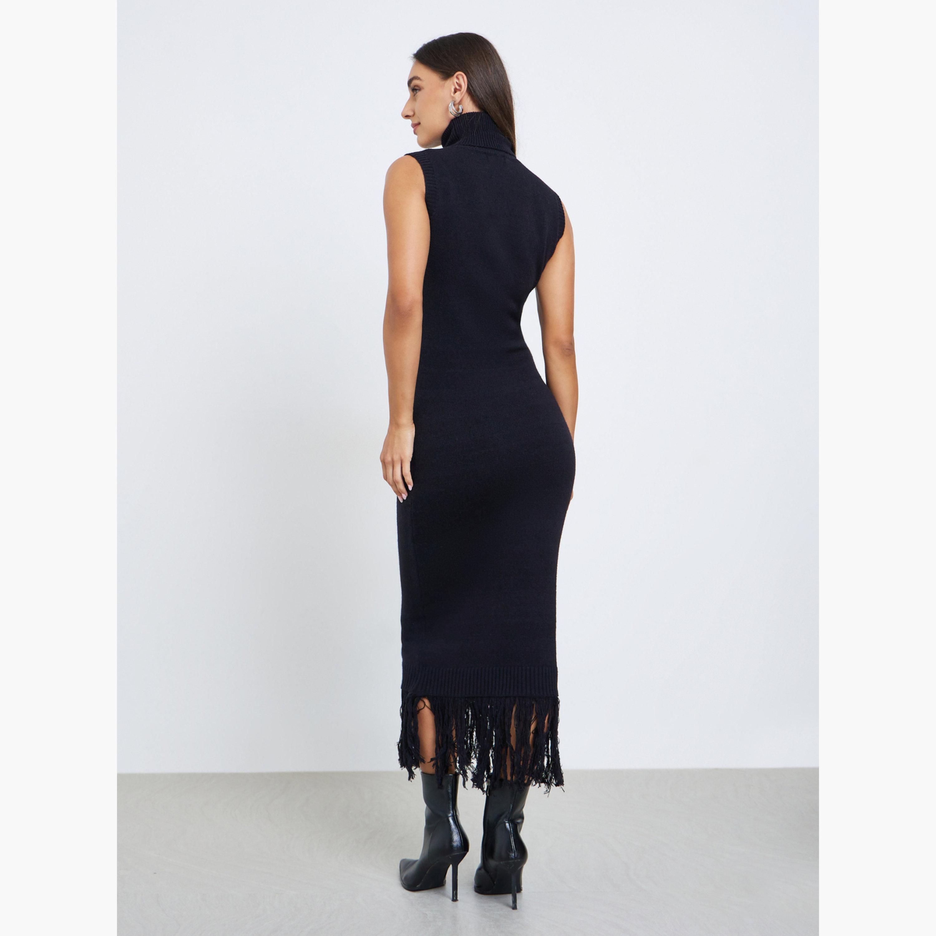 ستايلي - فستان سويتر متوسط الطول أسود بدون أكمام مع شراشيب أنيقة-women-clothing-dresses-image-5