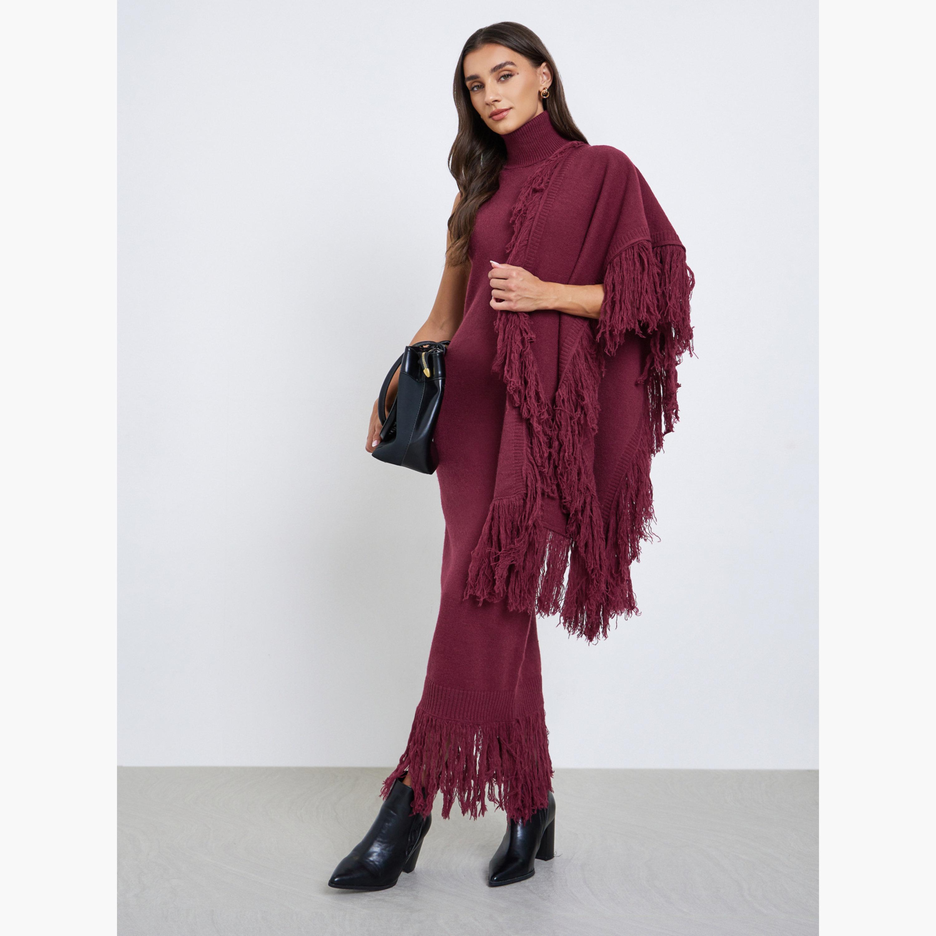ستايلي - فستان متوسط الطول برغندي بدون أكمام مع شراشيب-women-clothing-dresses-image-1