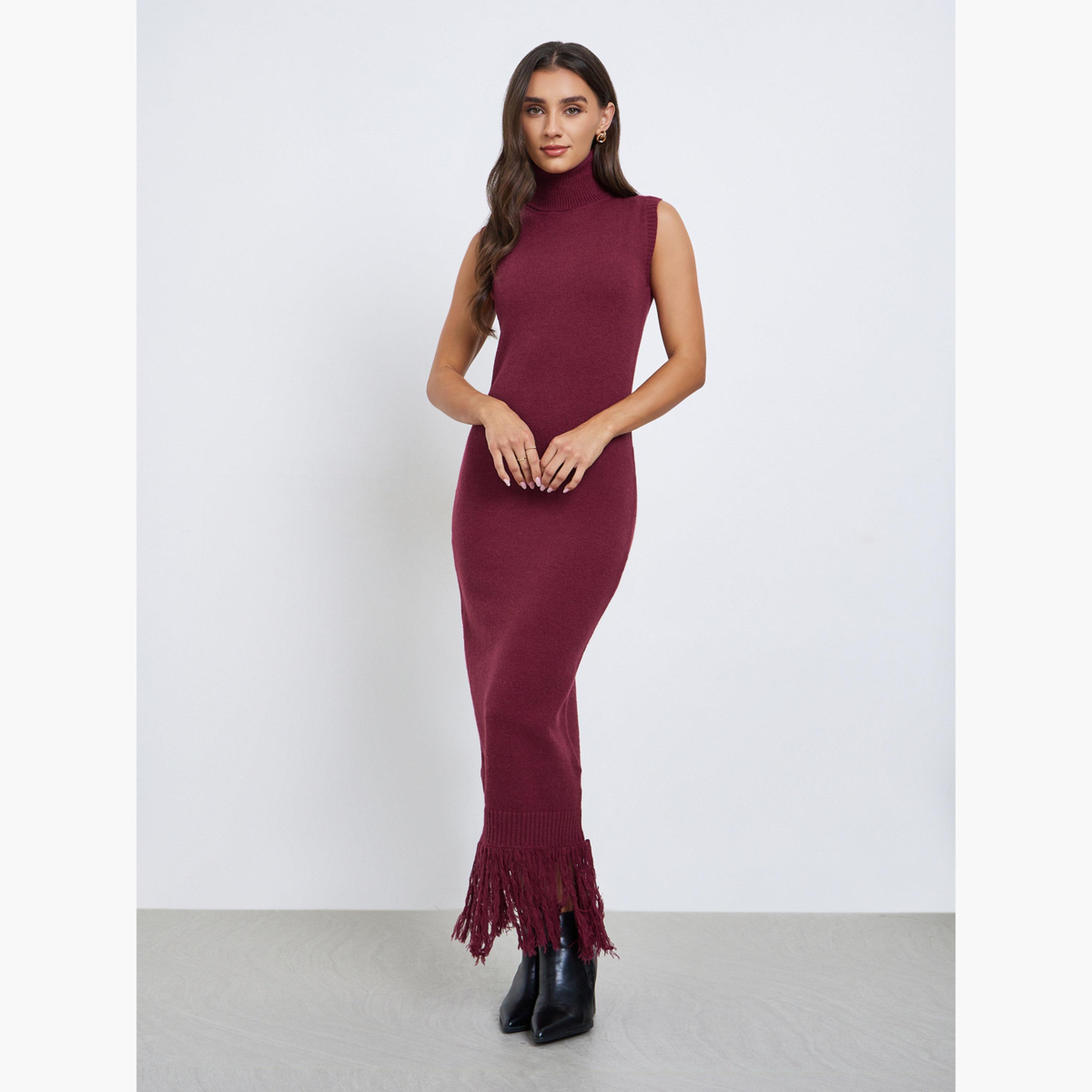 ستايلي - فستان متوسط الطول برغندي بدون أكمام مع شراشيب-women-clothing-dresses-image-3