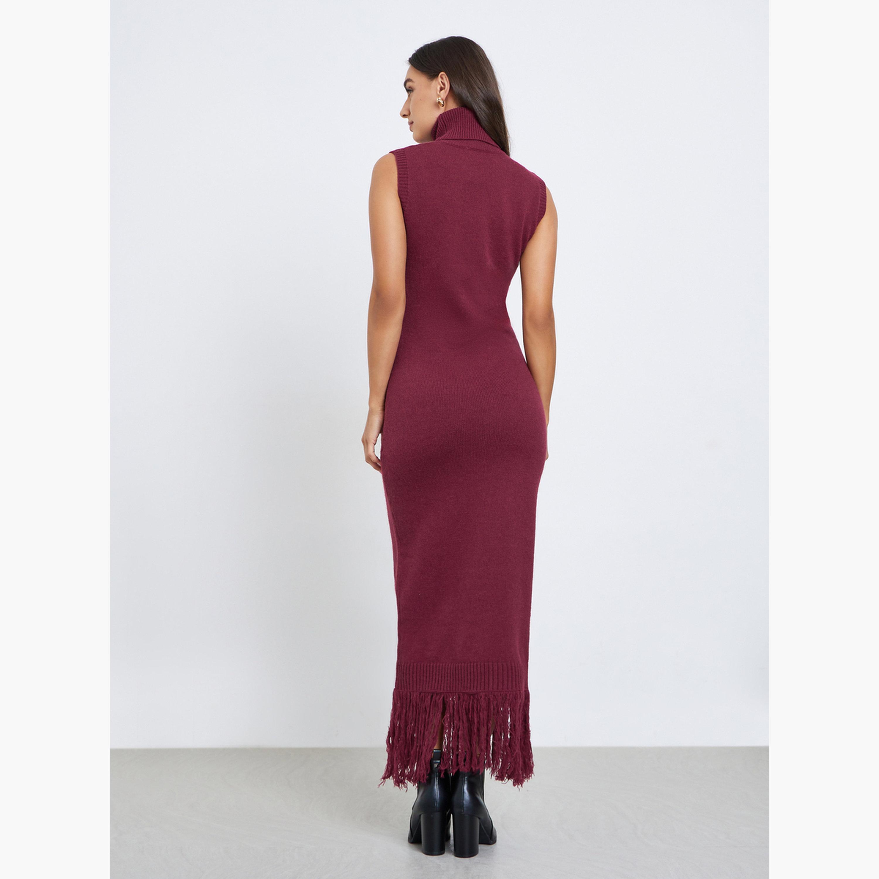ستايلي - فستان متوسط الطول برغندي بدون أكمام مع شراشيب-women-clothing-dresses-image-4